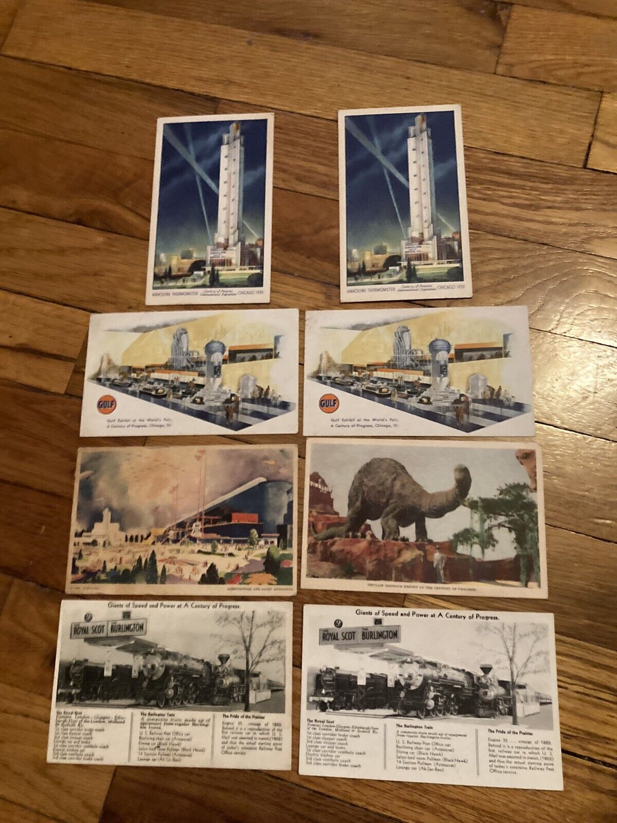 Lot Of 8 Chicago Worlds Fair Postcards ~Havoline , Burlington, Gulf, Sinclair