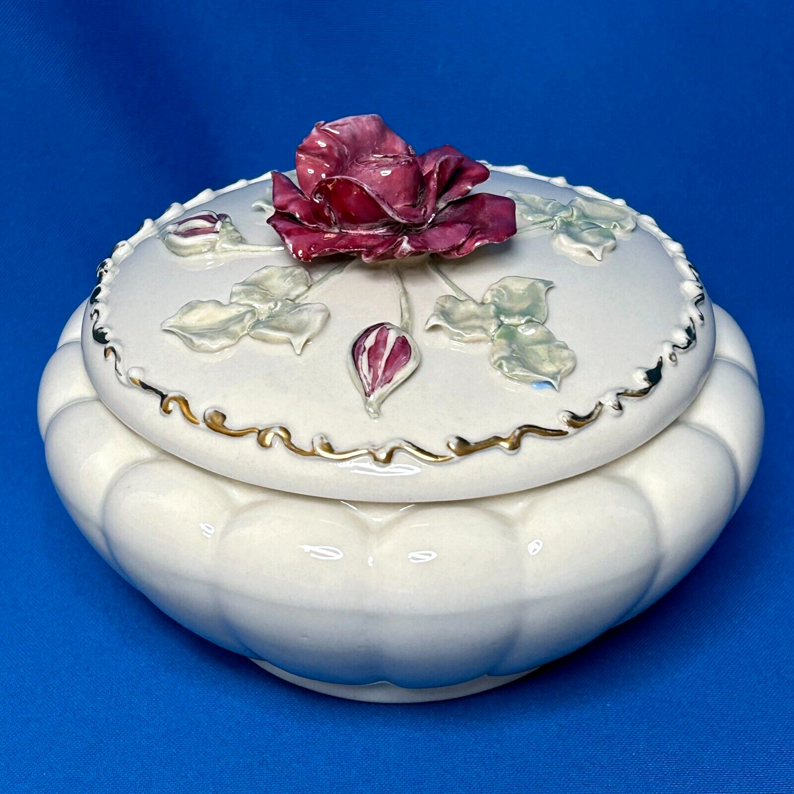 Vintage Claire Lerner Studio Hand Painted Porcelain Trinket Box W/ Red Rose Lid