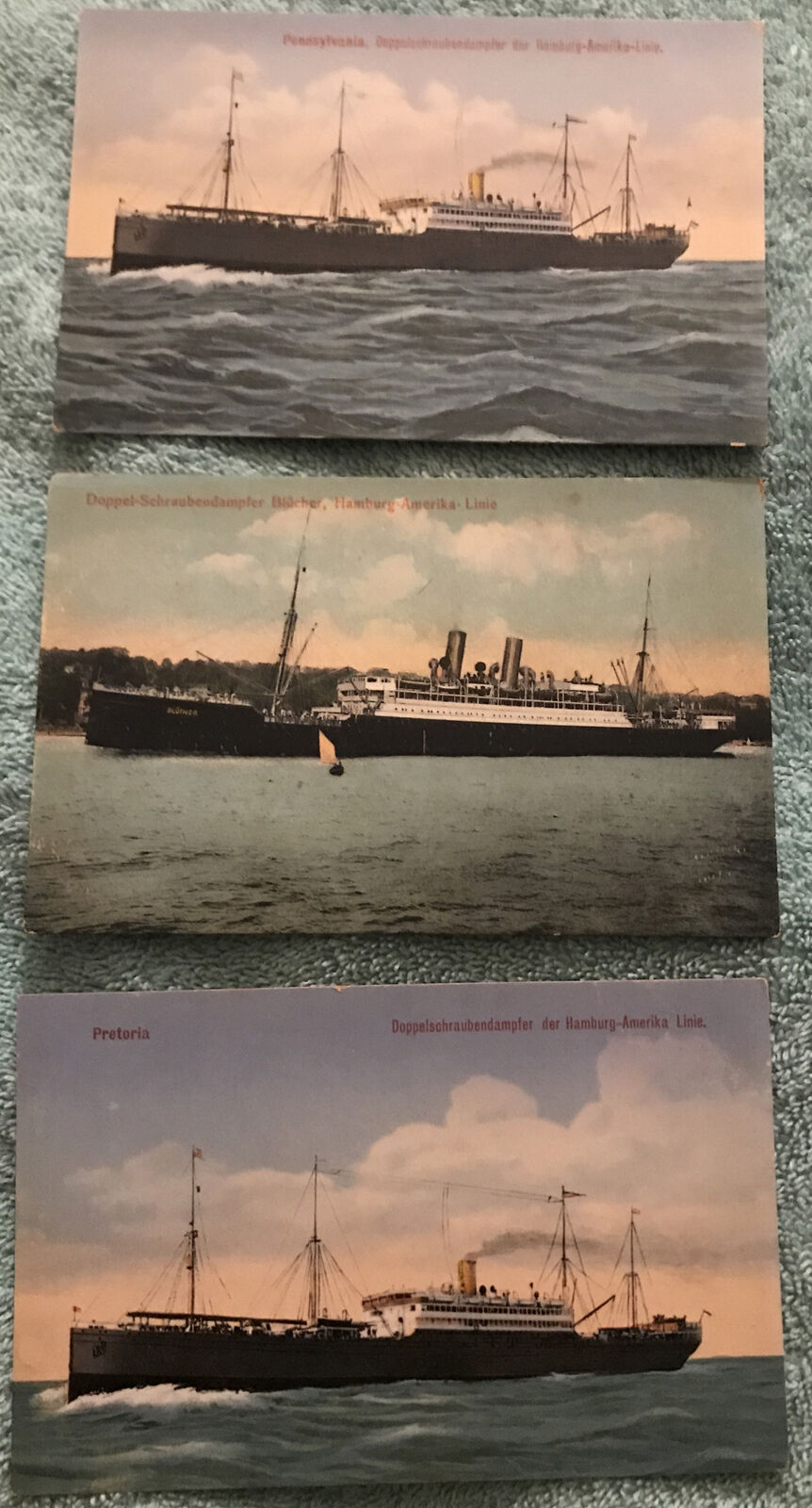 3 postcards, Steamer Ships Pennsylvania, Pretoria, Blücher.Hamburg-America-Line