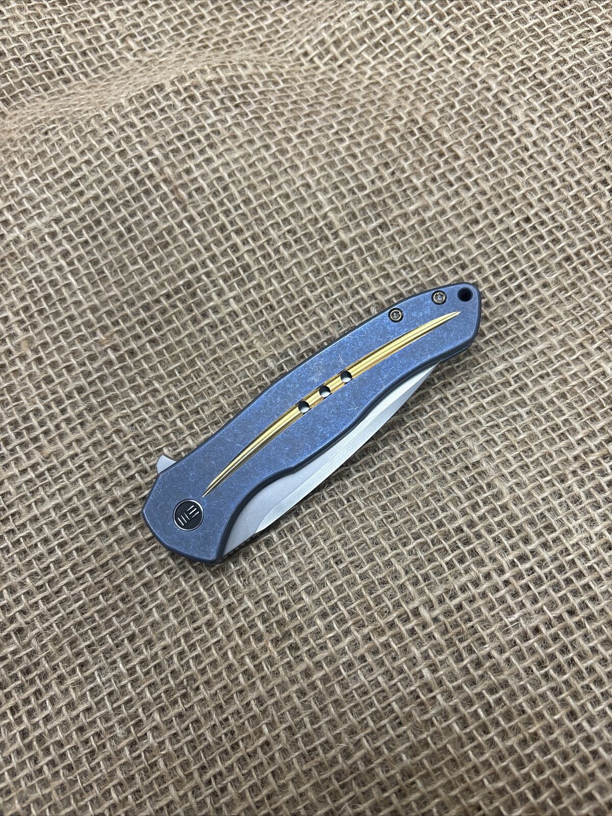 WE Knife Kitefin Blue Titanium Frame Lock Folding Pocket Knife Gold Stripe S35VN