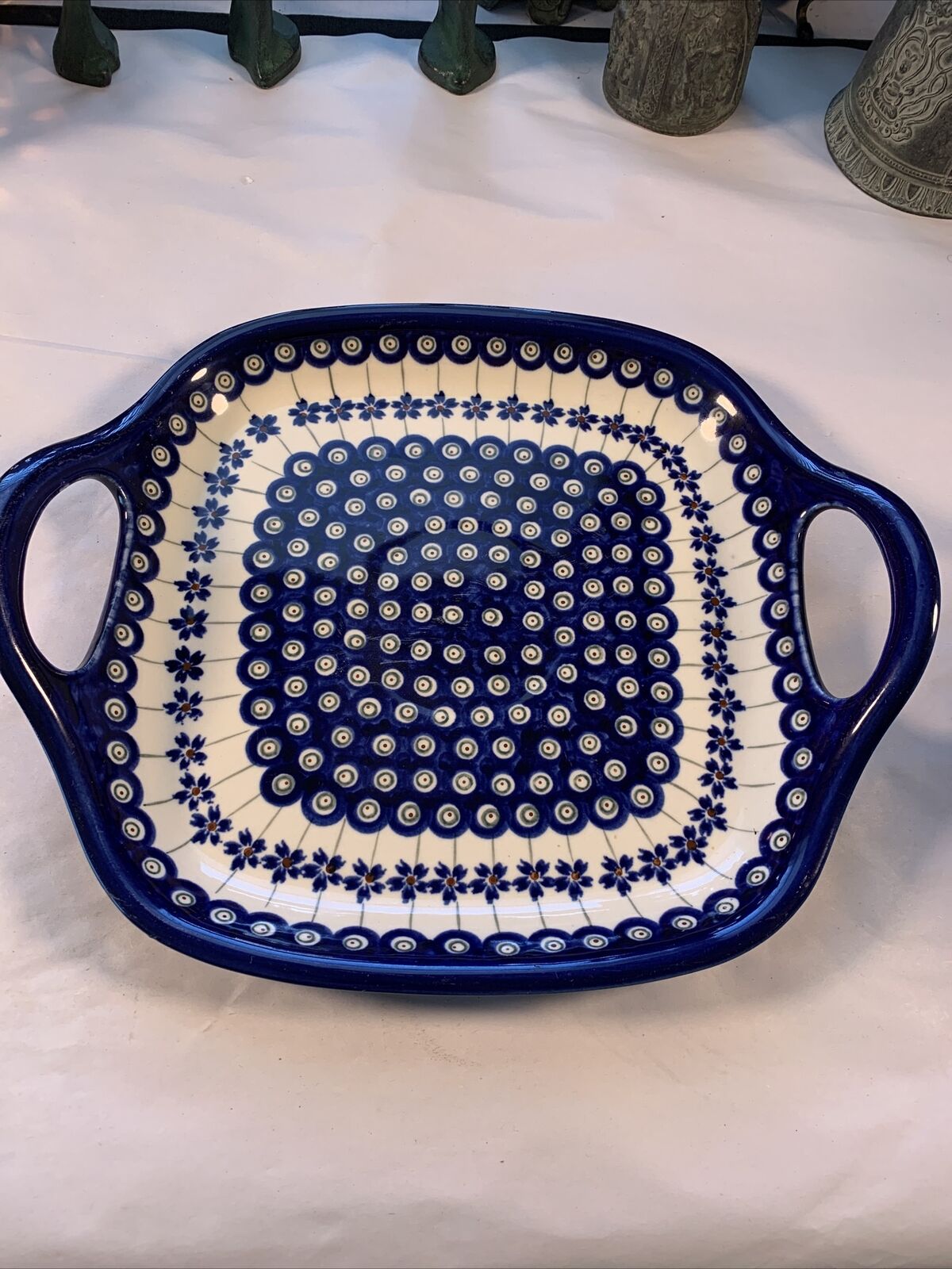 Vintage Boleslawiec Polish Pottery 10” Square Dish Blue Peacock Eye Pattern