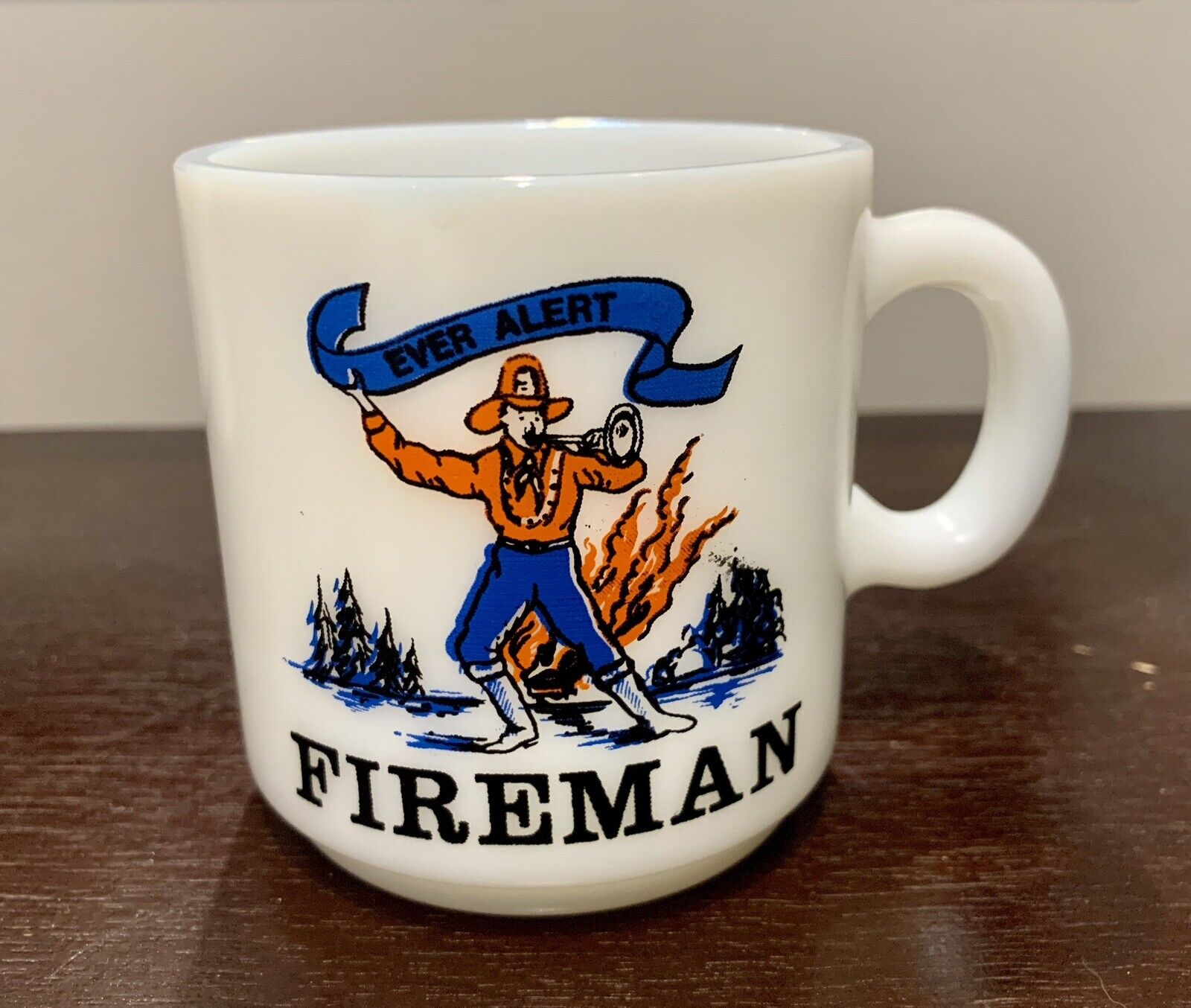 Vtg Milk Glass Mug Firemen Themed Coffee Cup / Mug USA 1960s ERA