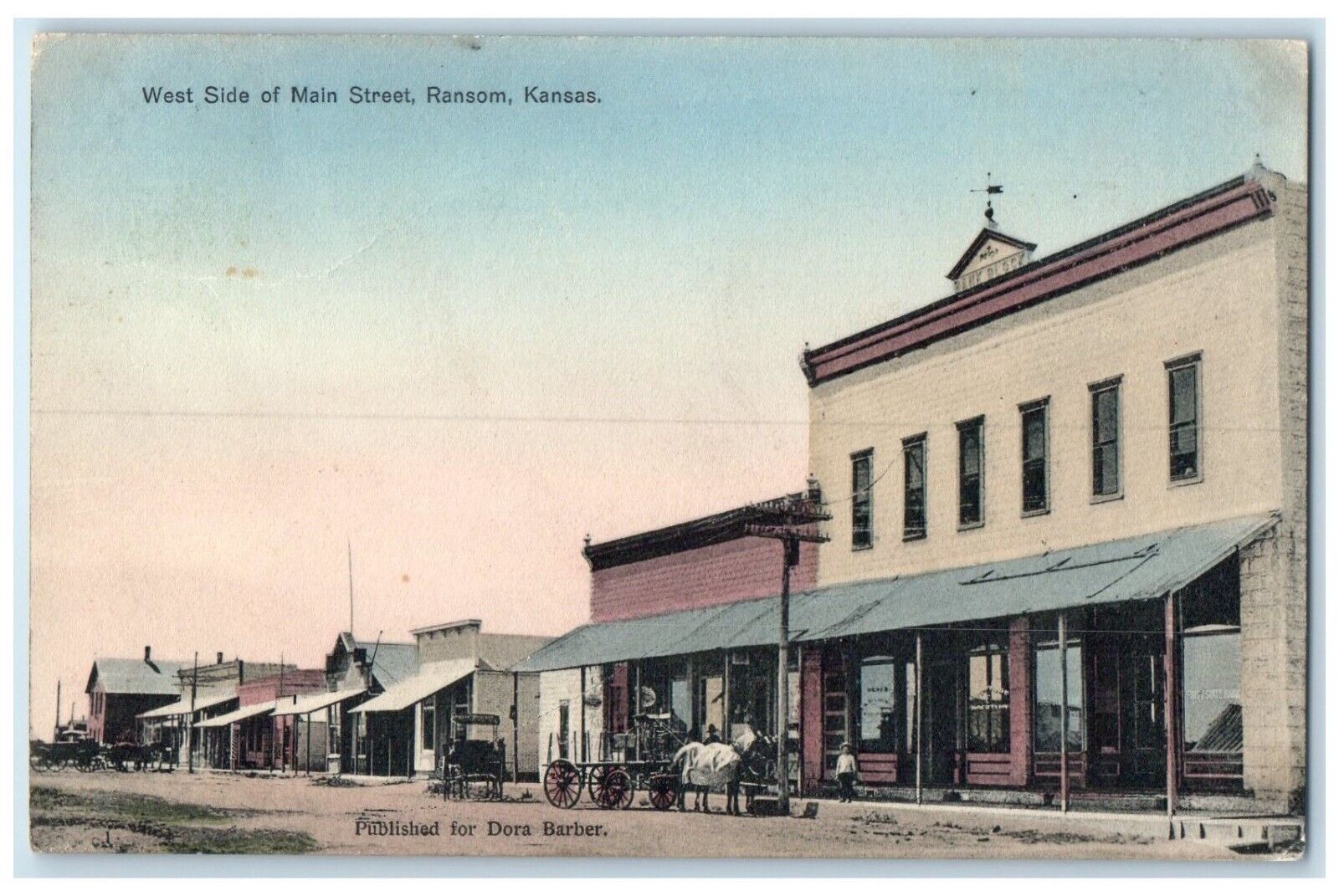 1910 West Side Of Main Street Ransom KS, Dirt Road Horse Carriage Postcard