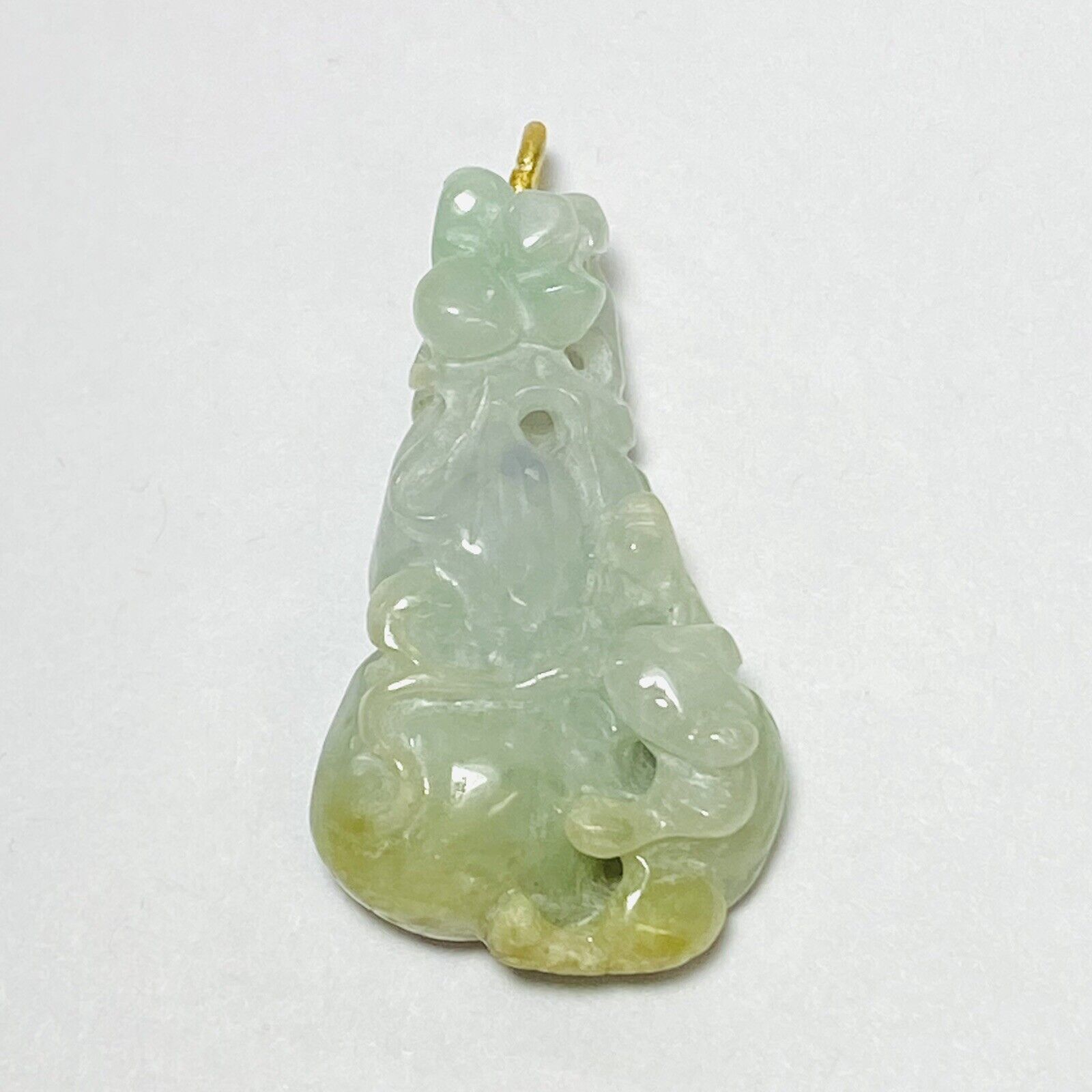 22K Yellow Gold Chinese Carved Jade Rat On Gourd Fruit Flower 40mm Pendant 15.0g
