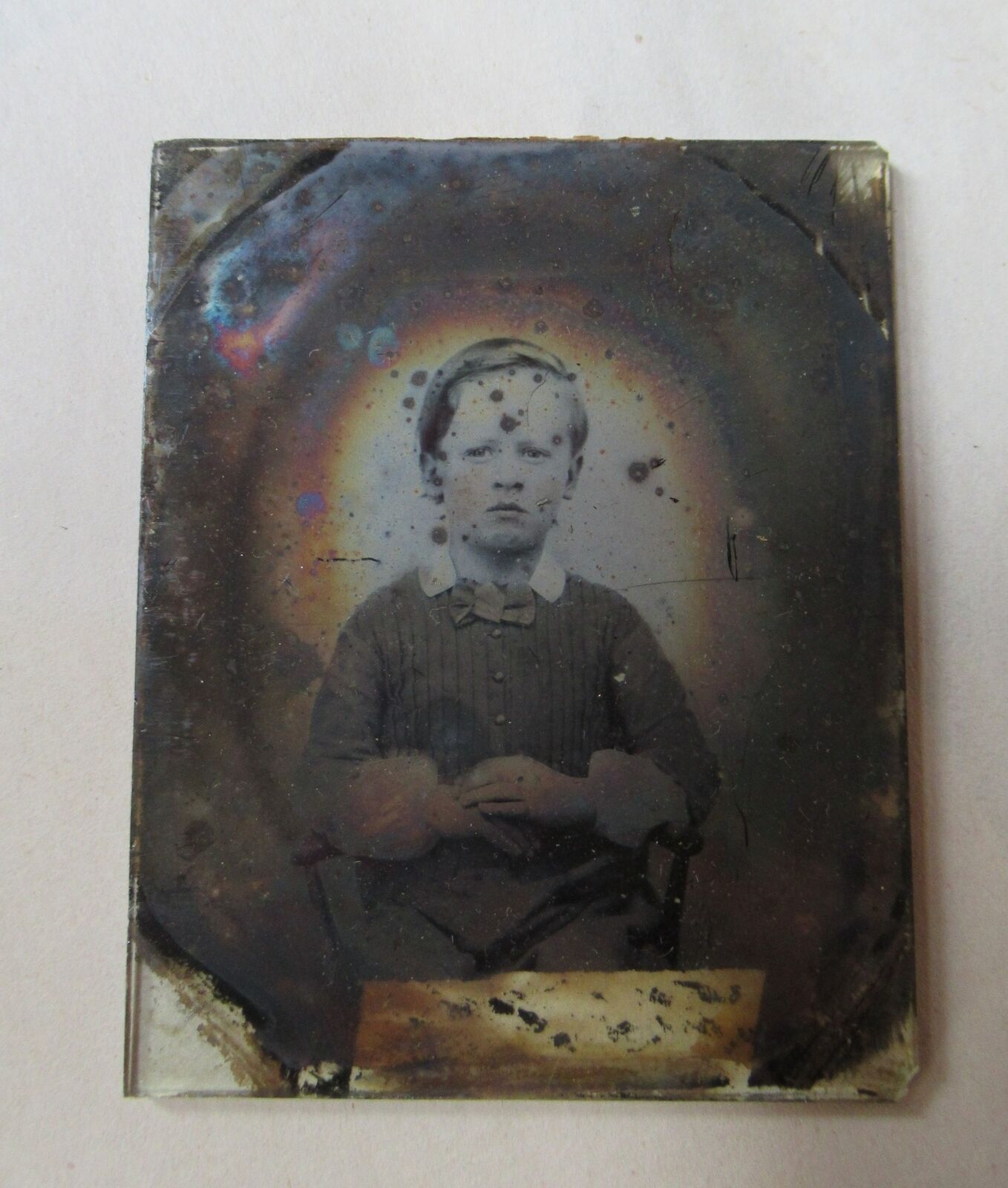 Antique Glass Plate Daguerreotype Tinted Photo Boy Halo Effect