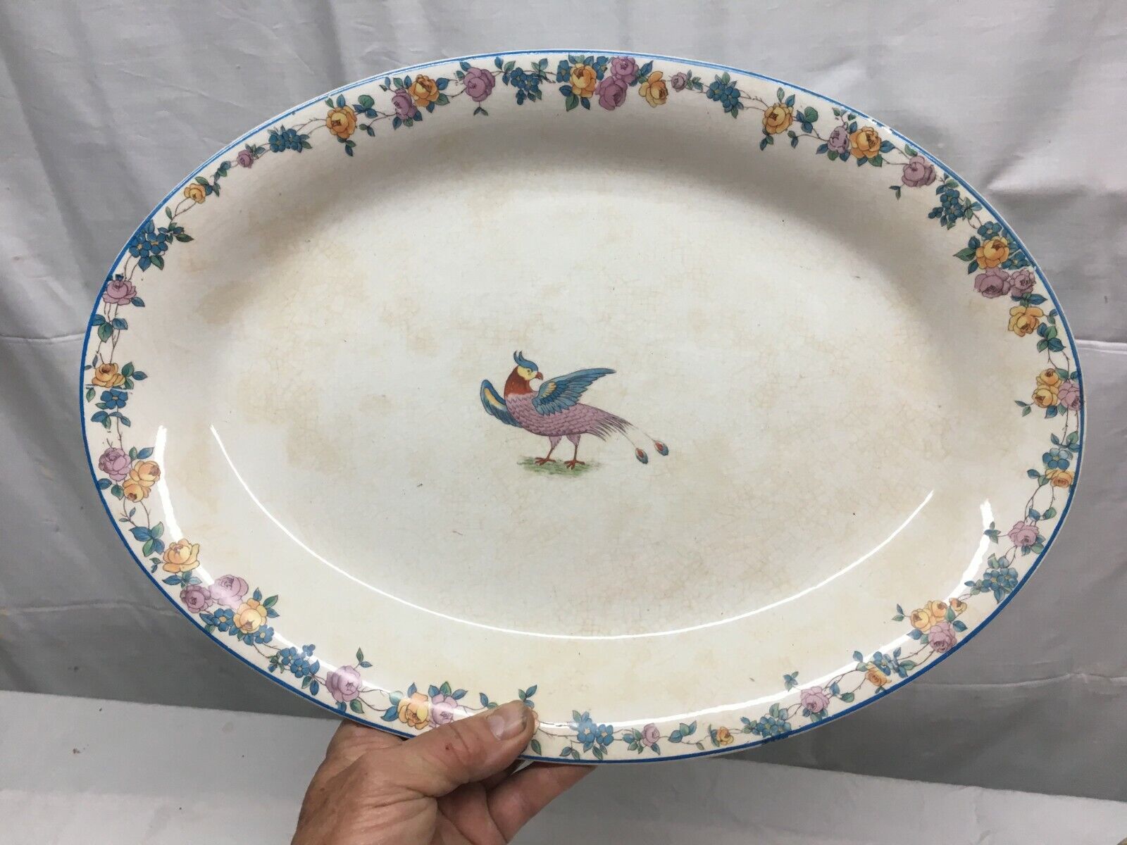 Vtg LG  Ironstone Pottery Serving Turkey Platter With Bird of Paradise 15.5”x11”