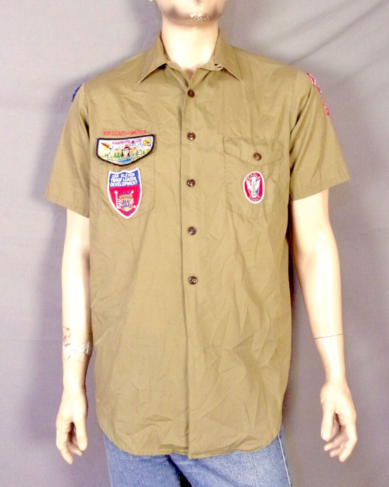 vintage 50s 60s BSA Boy Scouts Loop Collar Shirt RARE Patches Nampa-TSI Flap L