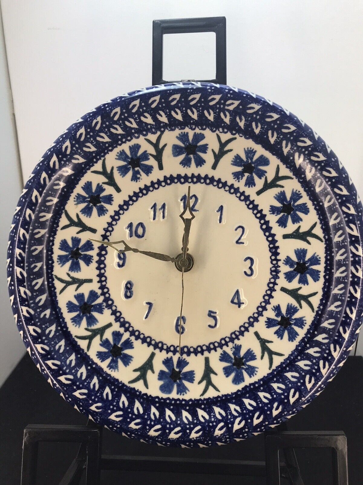 Vtg Poland Wiza Boleslawiec Pottery Wall Clock Blue Bachelor Buttons and leaves 