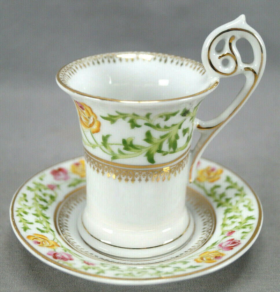 Charles Ahrenfeldt Crown Saxe Pink & Yellow Rose & Gold Chocolate Cup & Saucer B