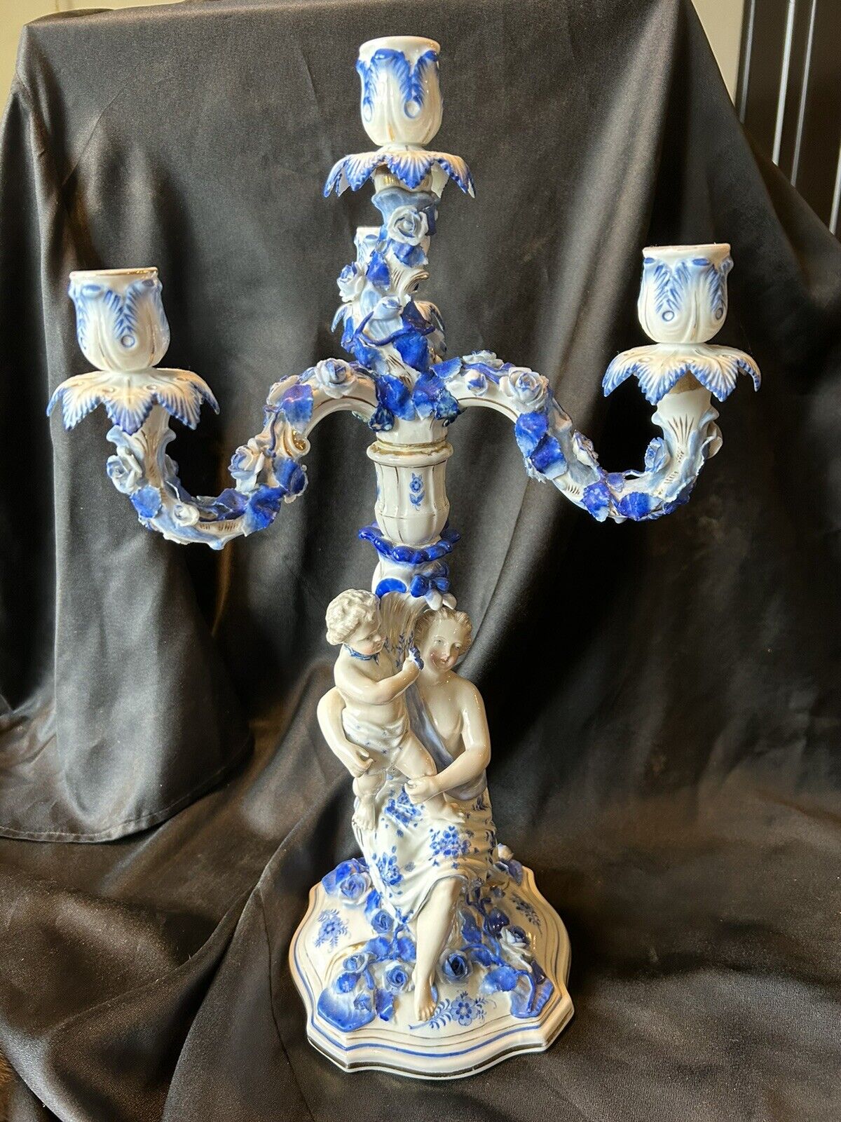 Dresden Meissen style Sitzendorf Blue And White porcelain candelabra 19th c