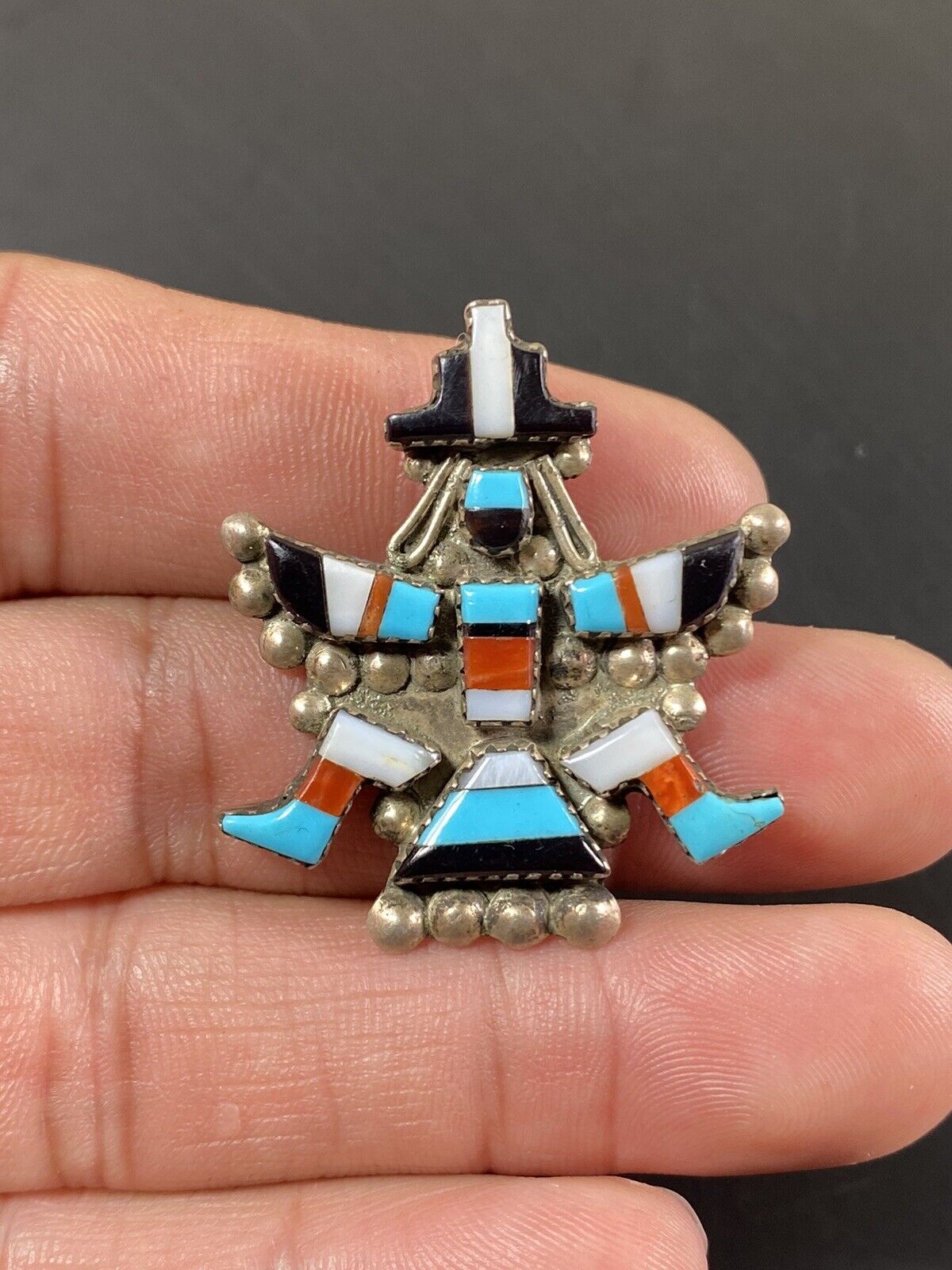 Zuni Sterling Silver Native American Turquoise Shell Knifewing Pendant Brooch