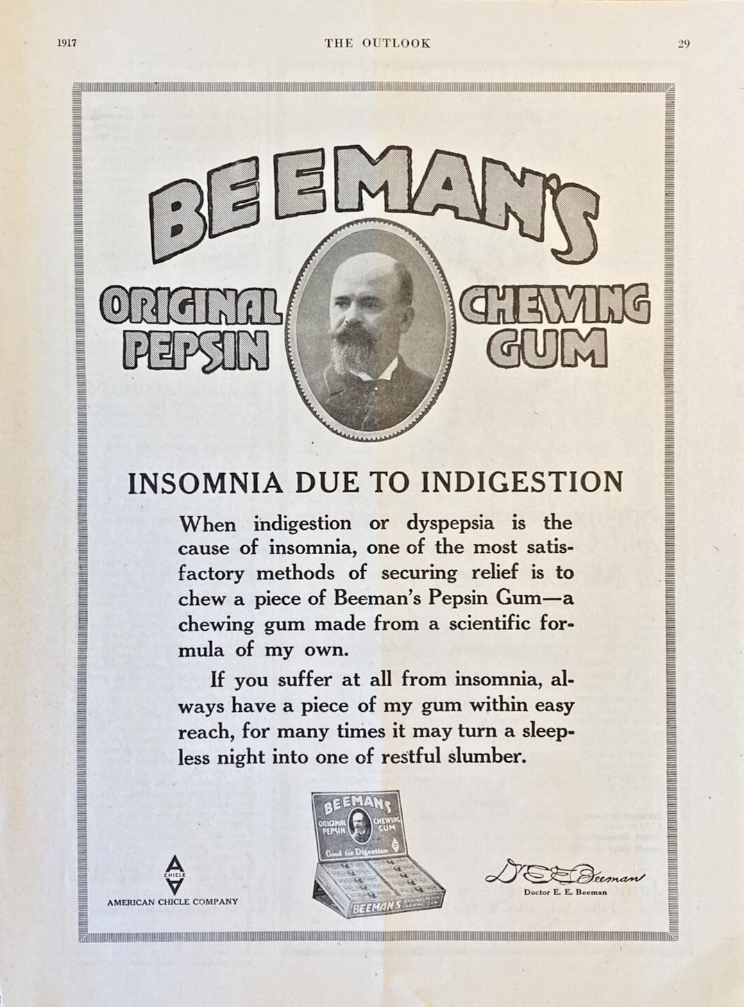 1917 BEEMAN\'S Pepsin Chewing Gum Vintage Print Ad 9x12\