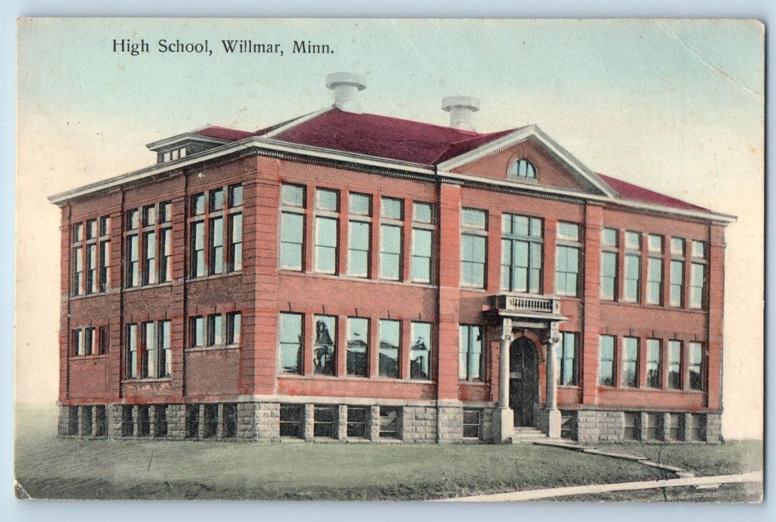 c1910's High School Building Entrance Dirt Road View Willmar Minnesota Postcard