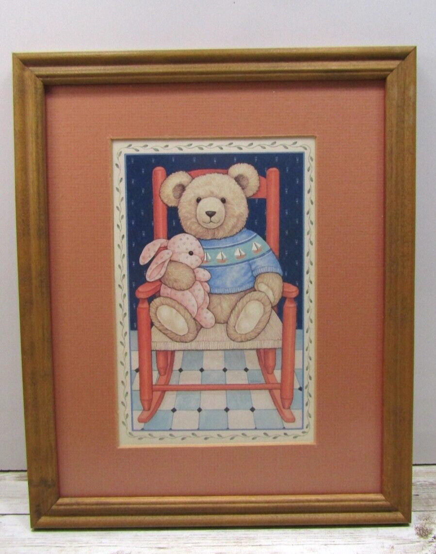 Vintage Postcard/Picture Toy Teddy Bear 🐻with Bunny 🐰 Framed Wall Décor 9x11