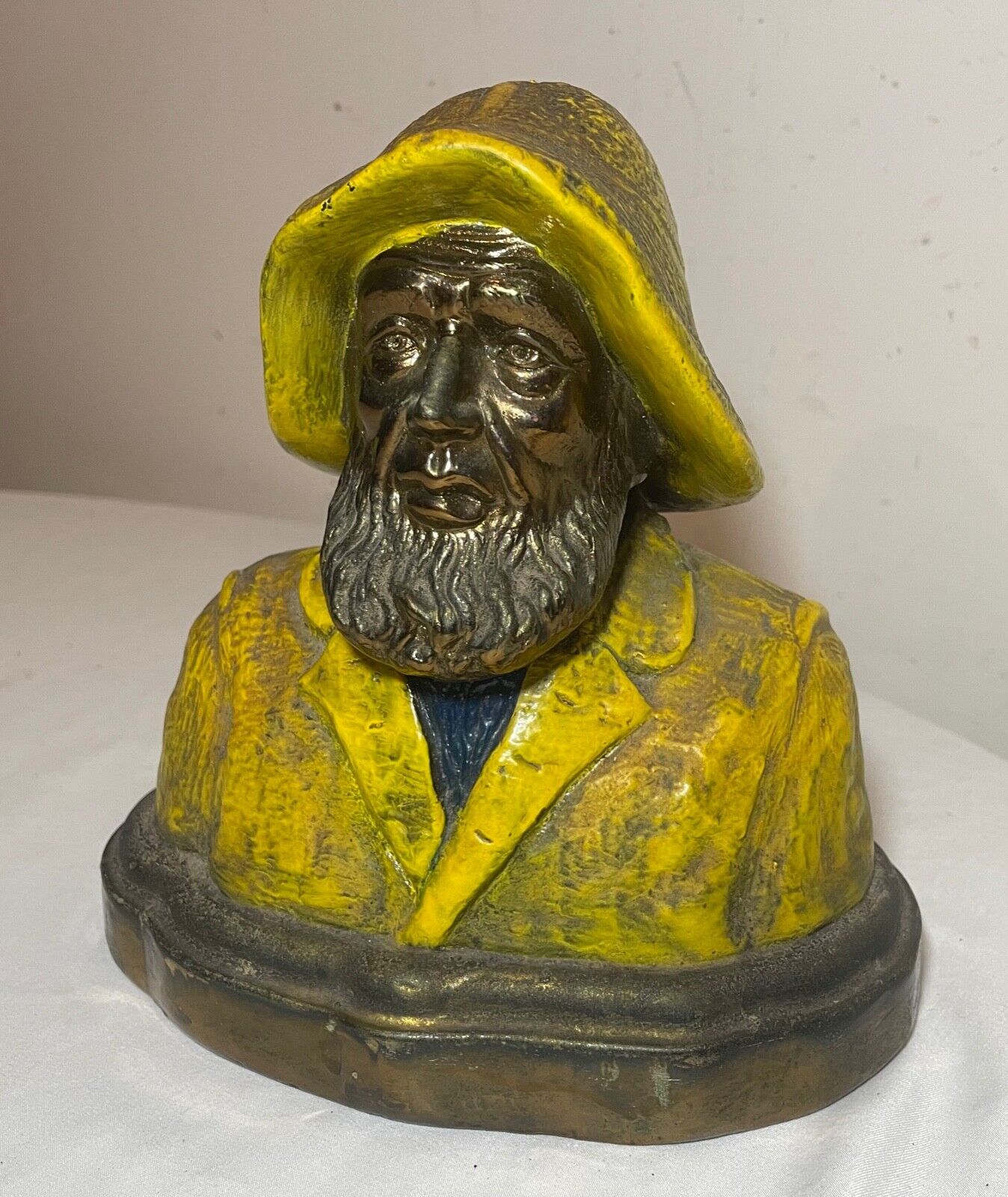 antique 1800s polychromed bronze clad figural Marion elder fisherman bust statue