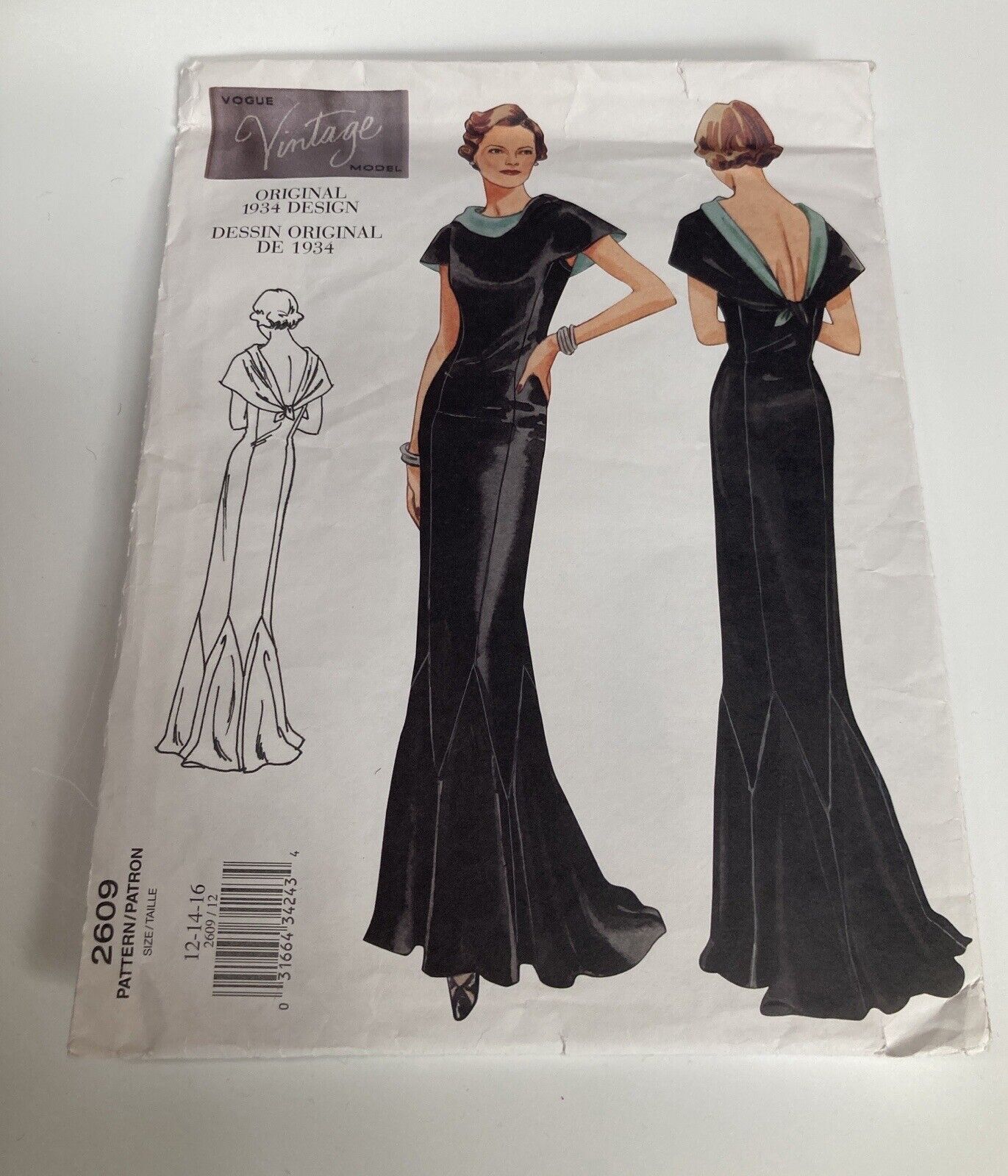 Vogue #2609 Vintage 1934 Designs Pattern Cut Size 14 GOWN WITH PLUNGING BACK