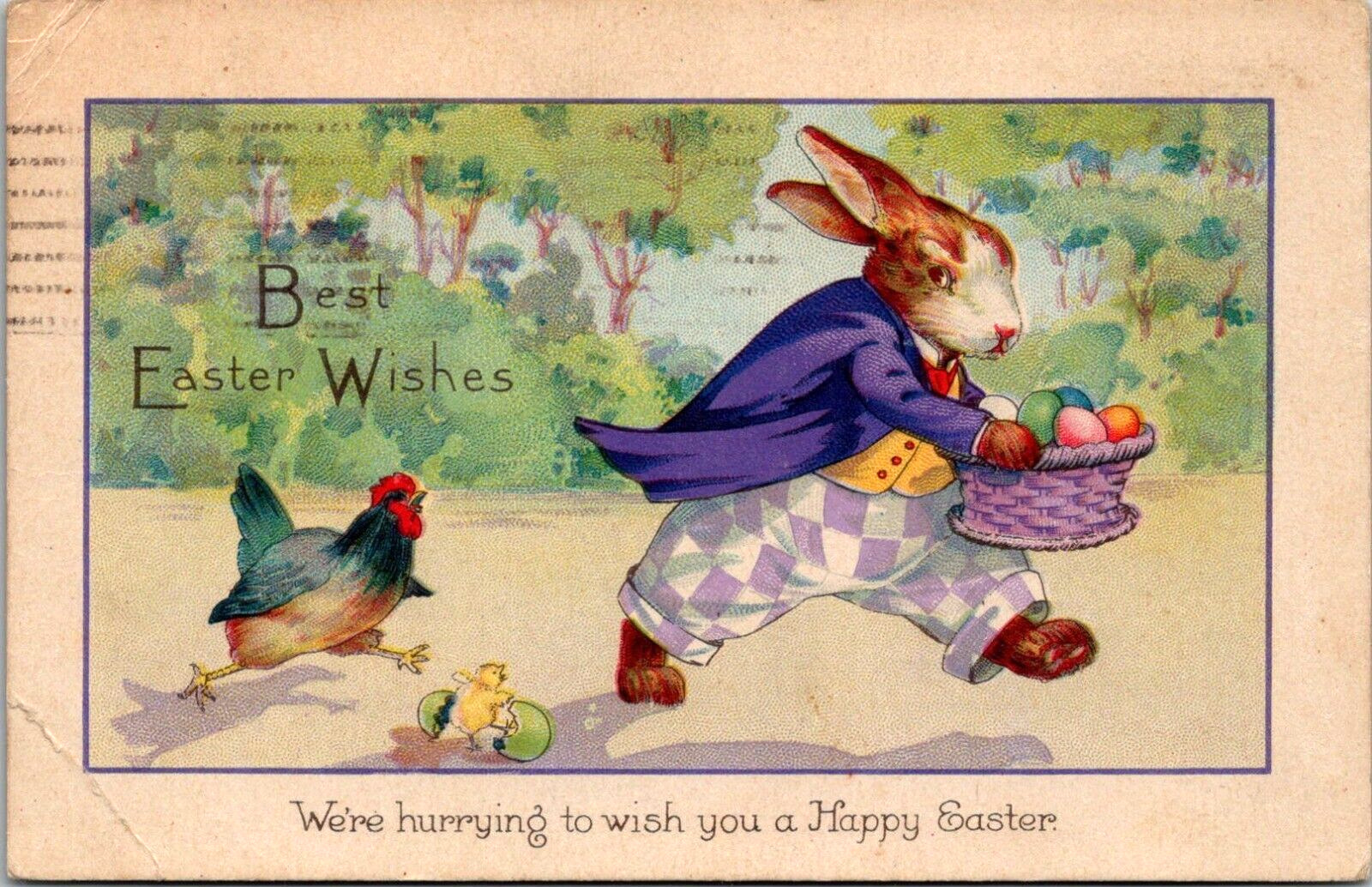 1924 Easter Postcard  Rabbit Steals Colored Eggs, Chicken Chases Bunny