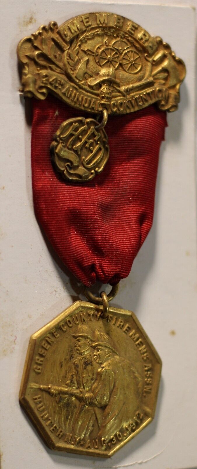 Vintage 1912 Firemen's Association Medal - Greene County, Hunter, NY