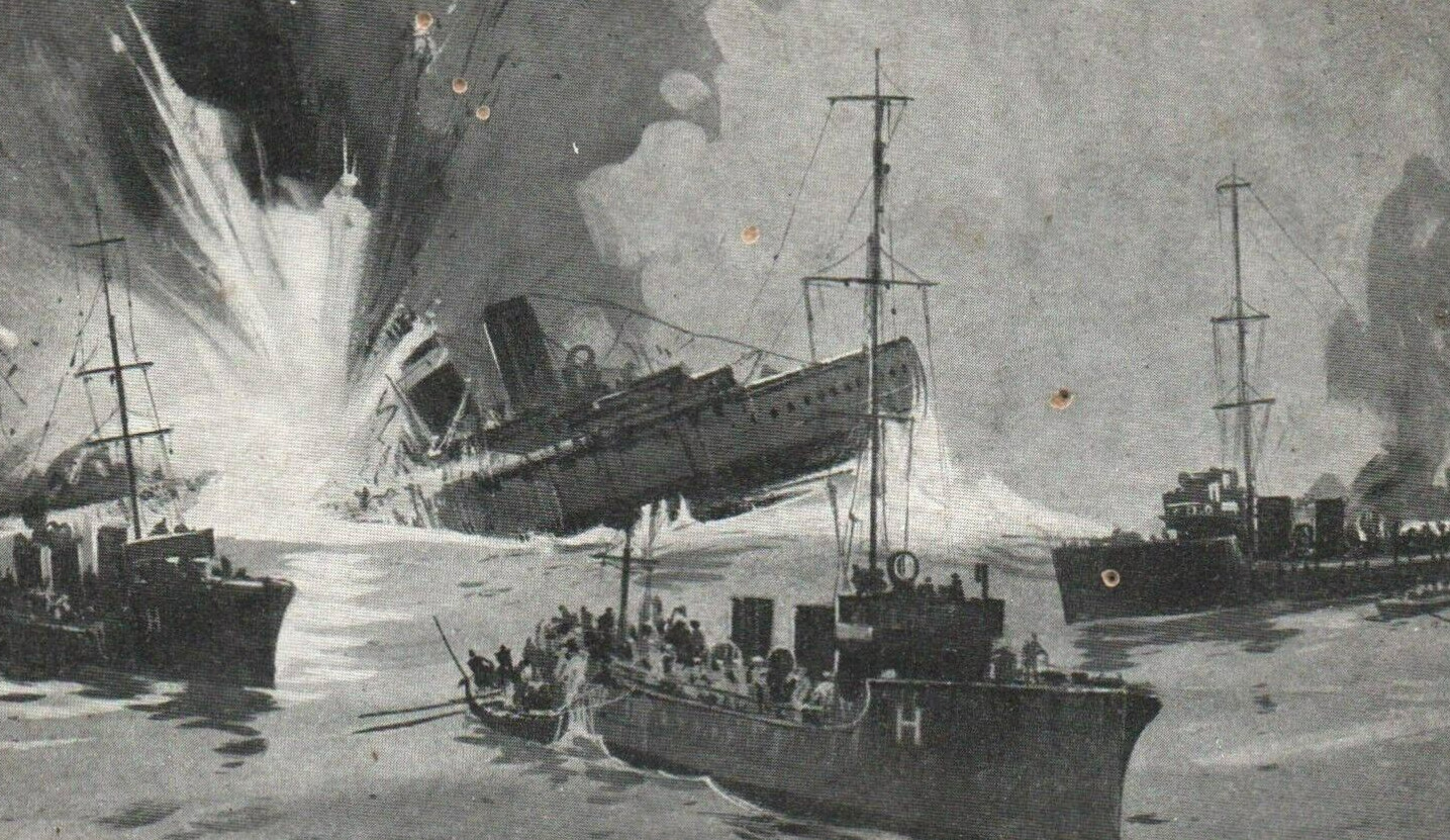 British Royal Navy WWI HMS Amphion Cruiser Sinking Loss Art Postcard c.1914
