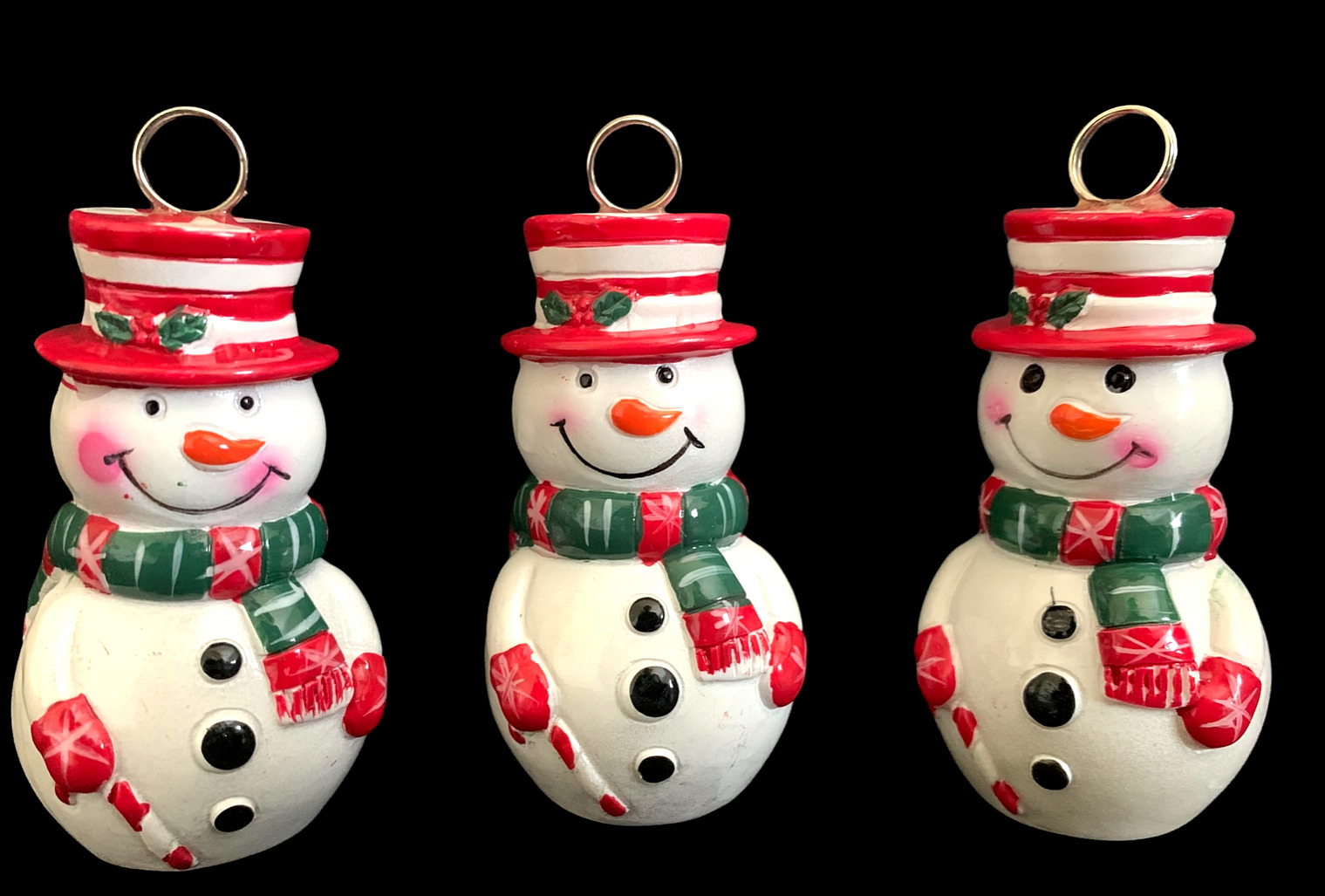 Vintage (Set of 3) Snowmen Christmas Holiday Ornaments with Red & White Top Hats