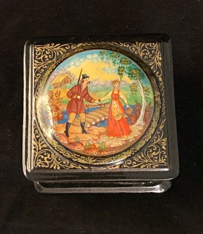 Russian Palekh Lacquer Box - Rare SIGNED Woman in Red Dress at River