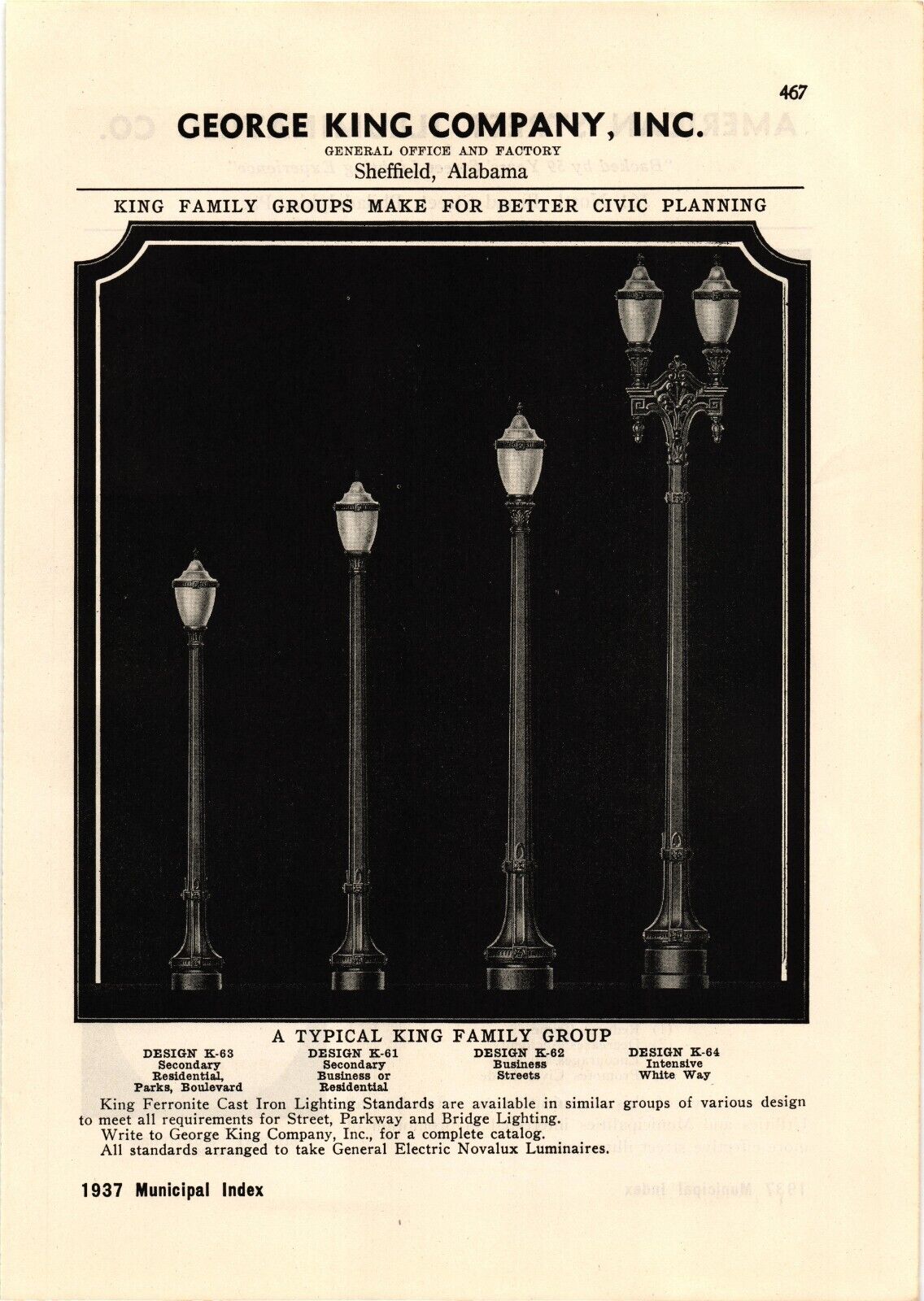 1937 Print Ad George King Co Street Lamps Sheffield Alabama