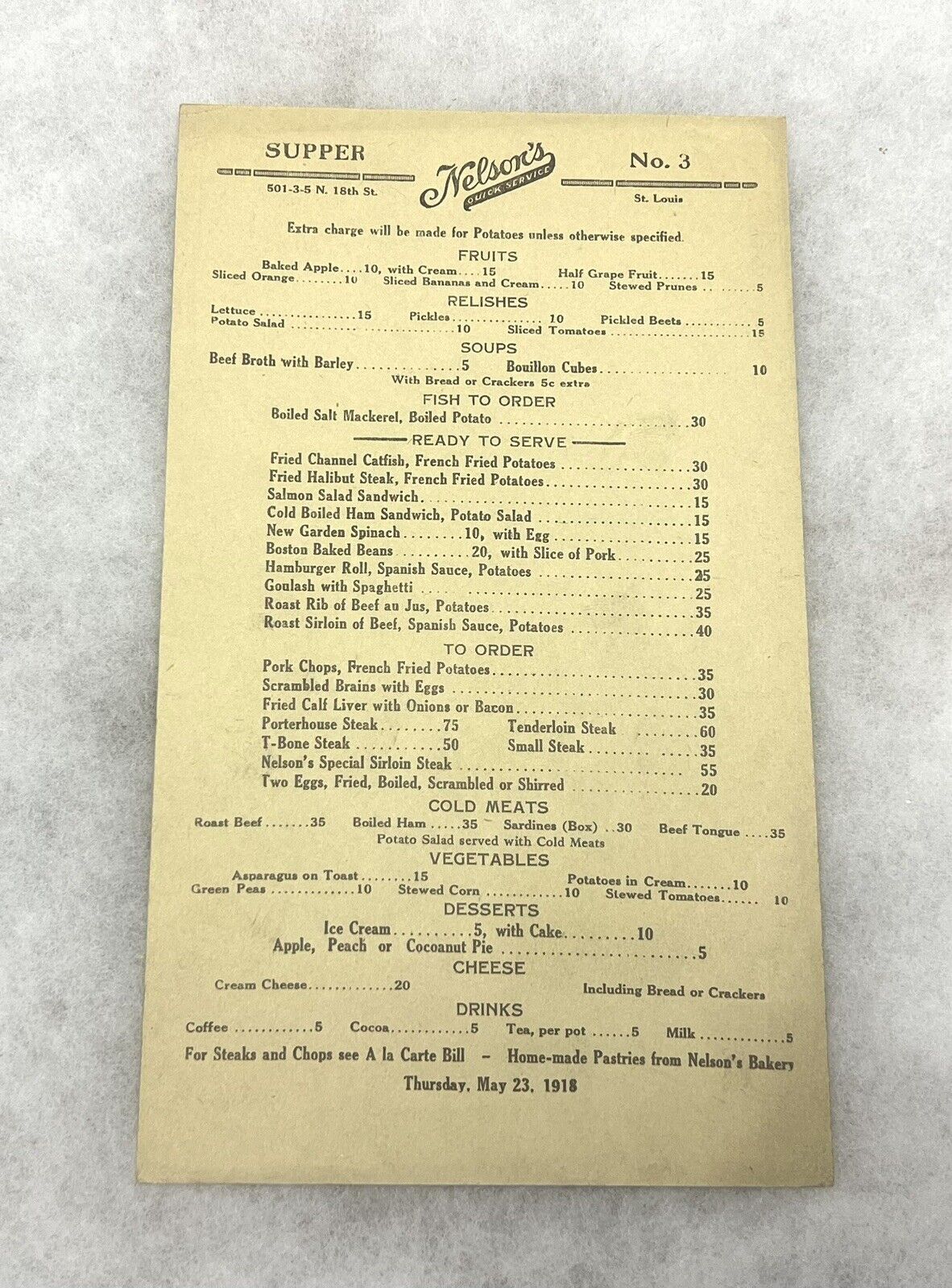 Antique 1918 Nelson’s Quick Service Restaurant Supper Menu St. Louis