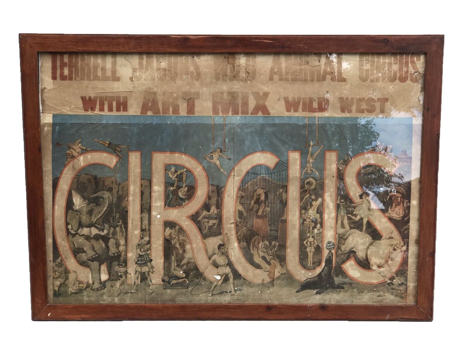 TERRELL JACOBS WILD ANIMAL CIRCUS ANTIQUE COLORED ADVERTISING POSTER