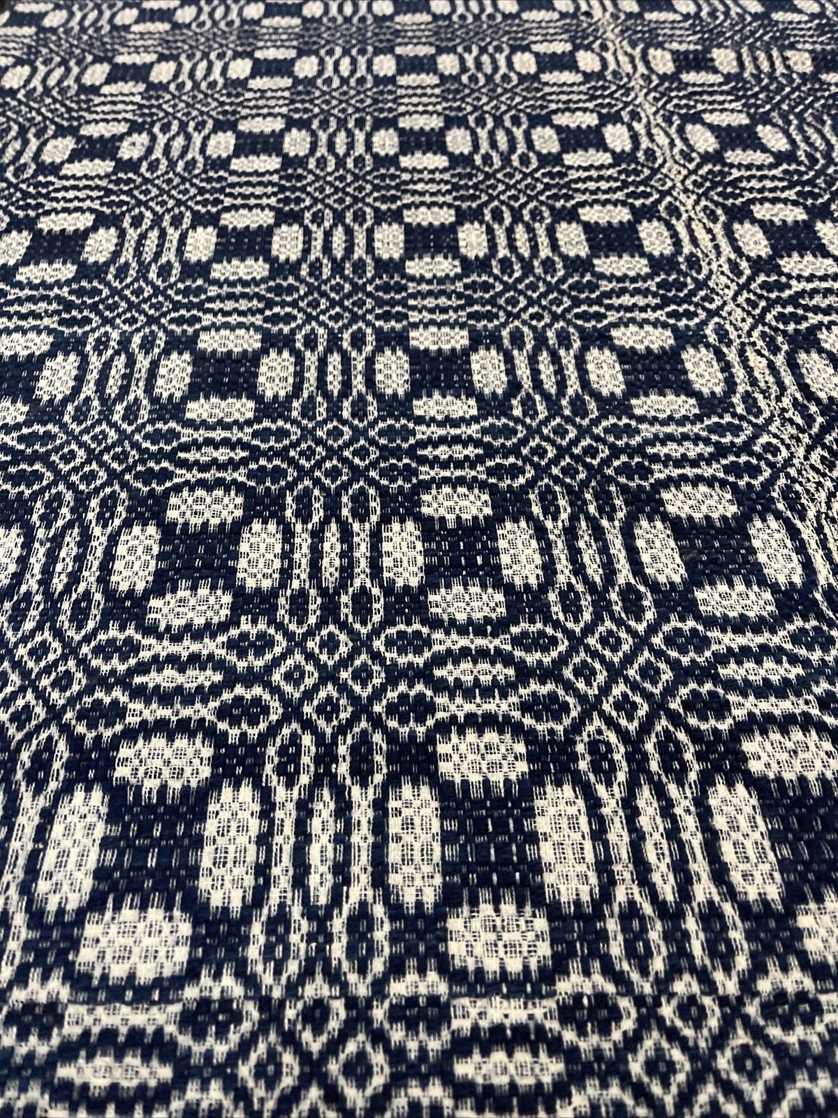1800\'s Americana Hand Woven Wool Jacquard Overshot Coverlet Seam Blue 76\