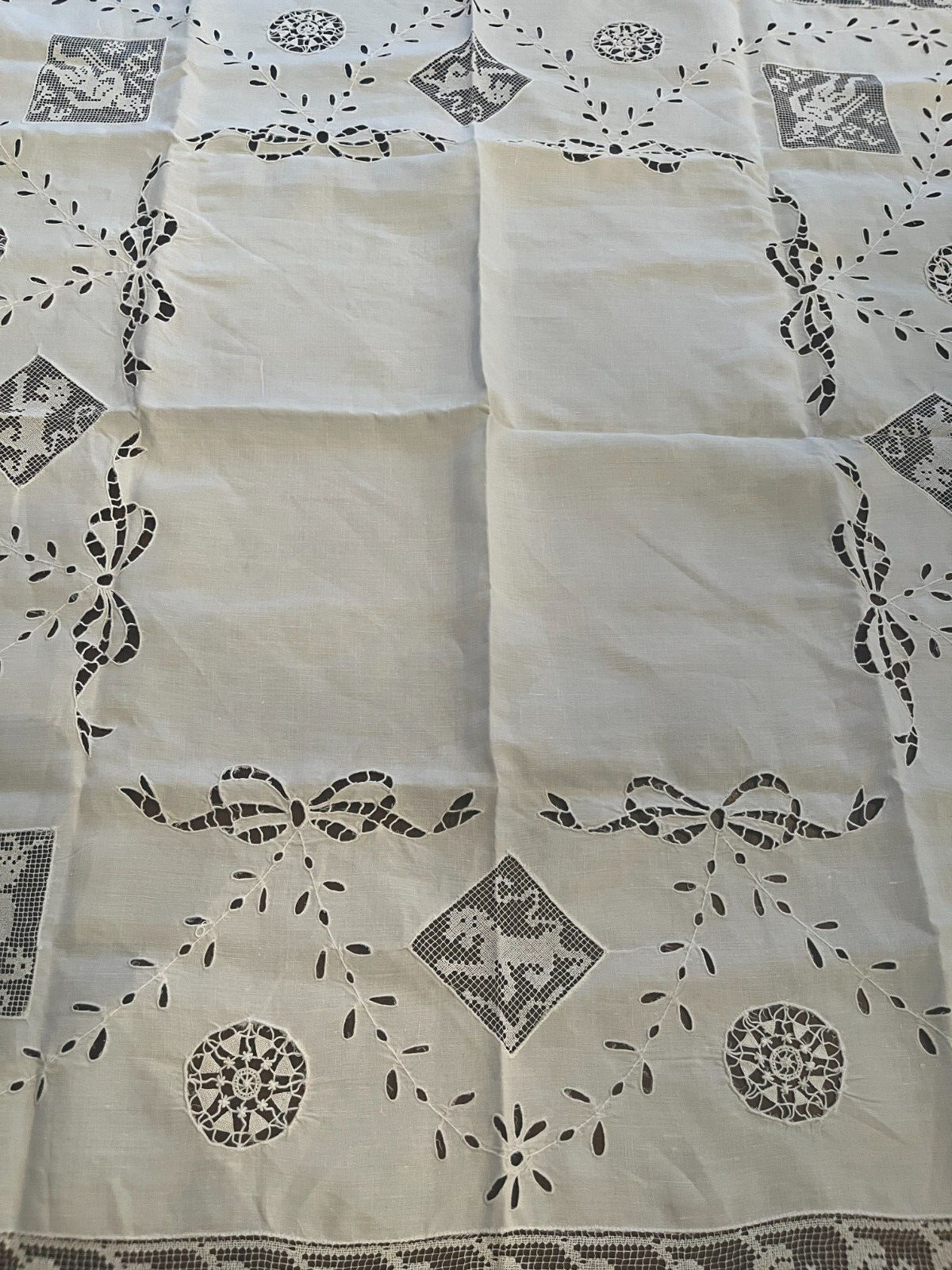 Antique Italian Cut Linen Reticella, Filet Lace, Eyelet Embroiderky Tablecloth