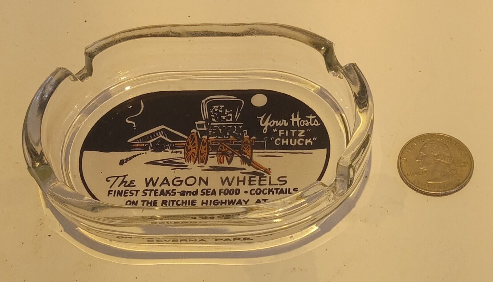 Vintage Glass Advertising Wagon Wheels Ashtray Great Condition
