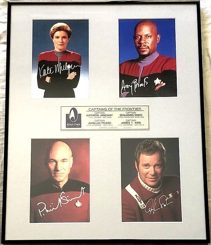 William Shatner Patrick Stewart Mulgrew signed Star Trek Captains photos framed