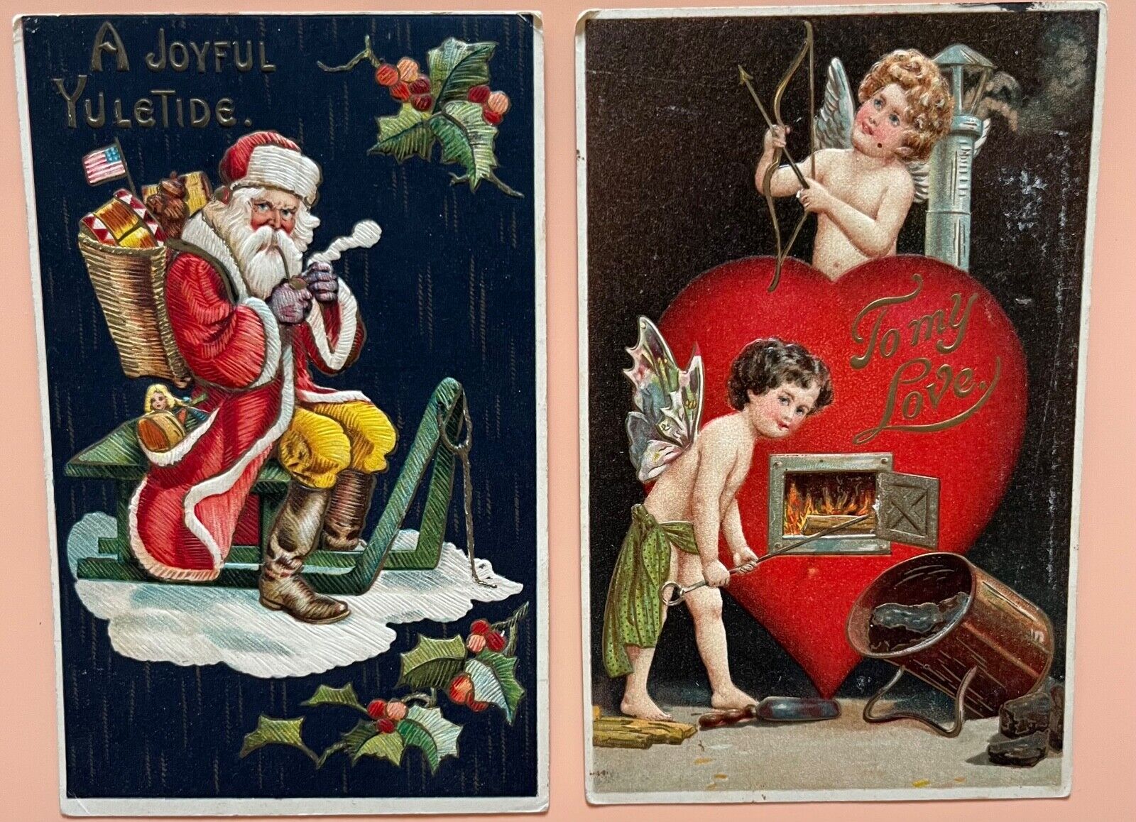 2 Antique 1909 1913 Embossed Postcards AMB? Joyful Yuletide US FLAG + Valentine