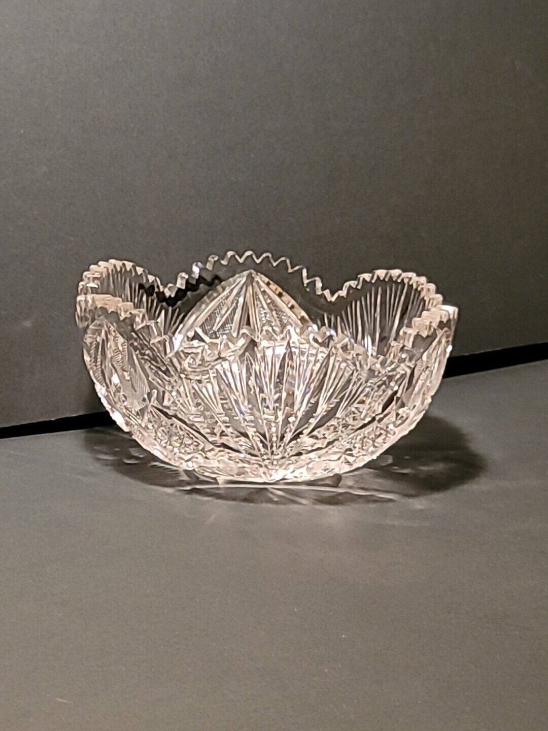 Vtg Ornate Brilliant Cut Glass Crystal Bowl Sawtooth Scallop Edge Effervescent