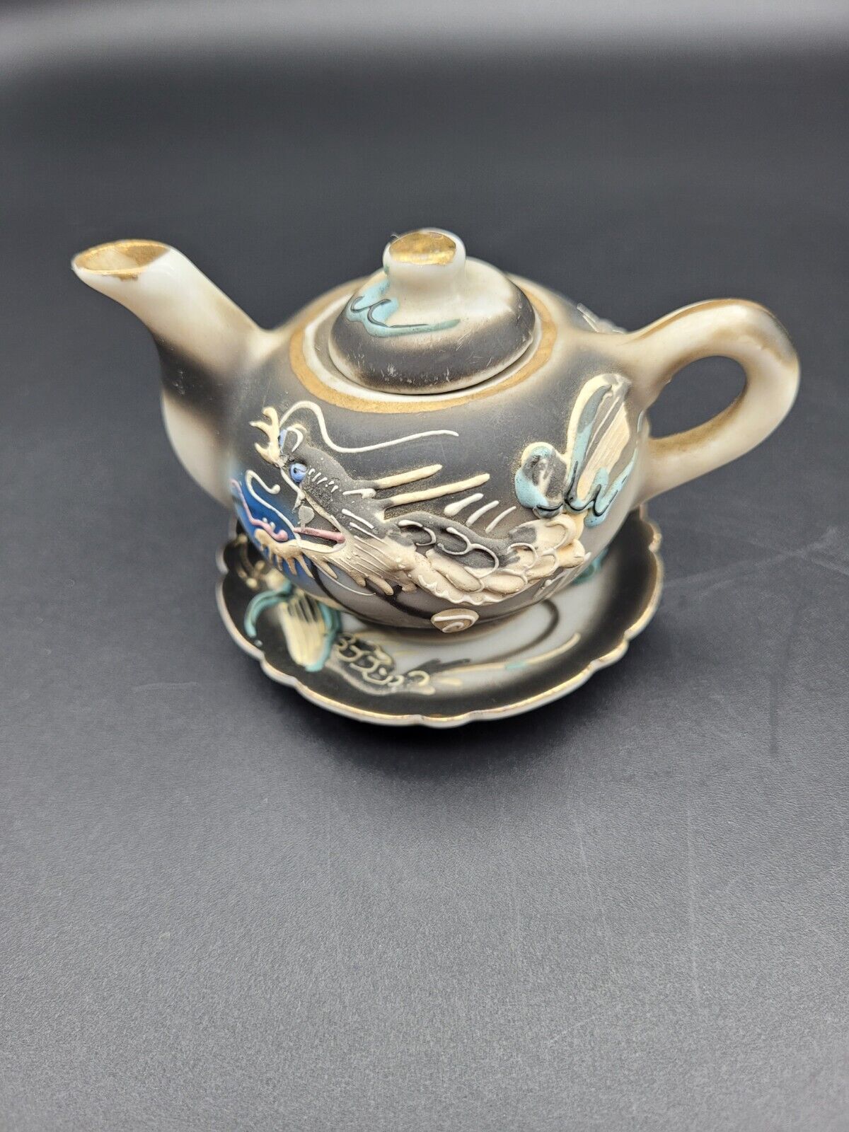 Vintage Miniature Dragonware Teapot  Saucer Japanese Moriage Black Dragon 2.5 in