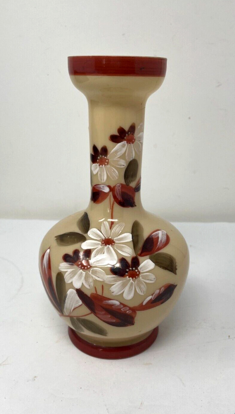 Antique Hand Painted Cream Bristol Glass Vase Floral Flowers
