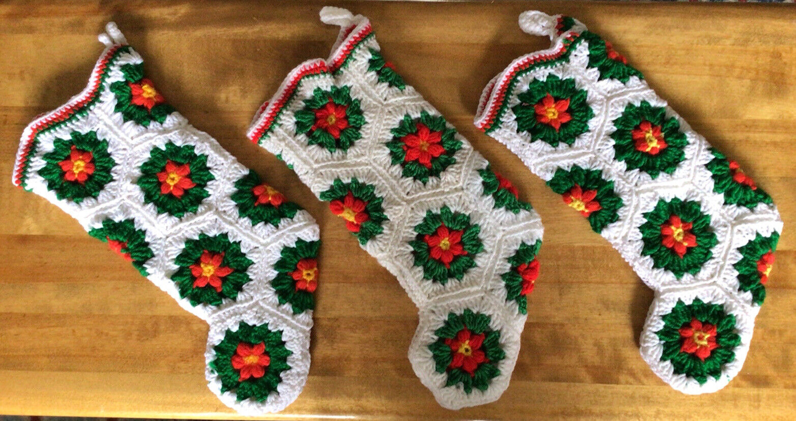 3 Beautiful VTG Handmade Crochet Christmas Stockings, Poinsettia Design, 16”