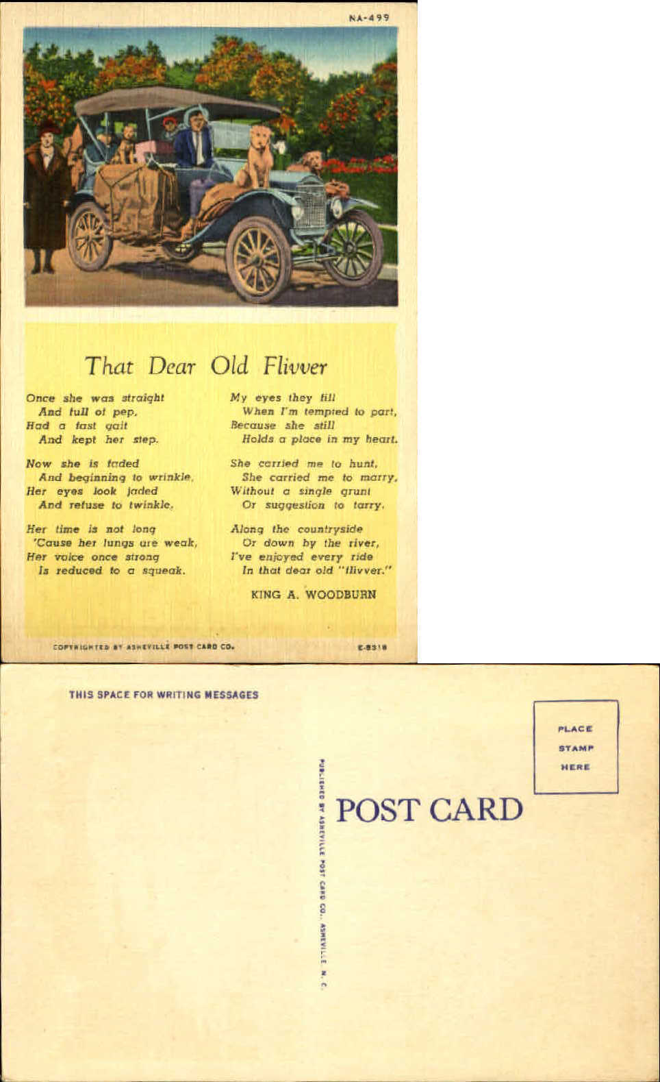 Dear Old Flivver antique car poem about old cars linen 1940s postcard unused