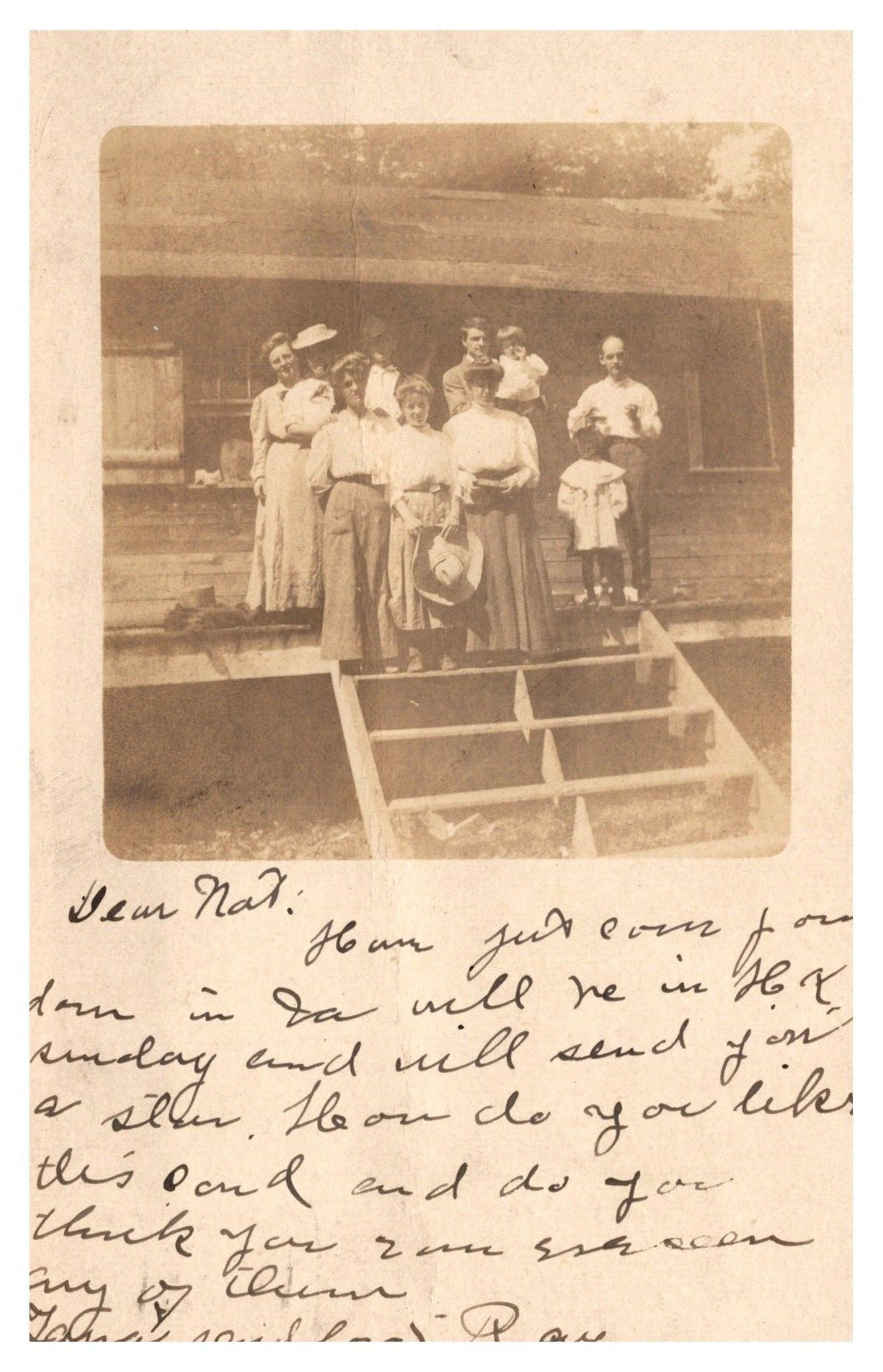 postcard Group of men & women on porch photo RPPC A0860