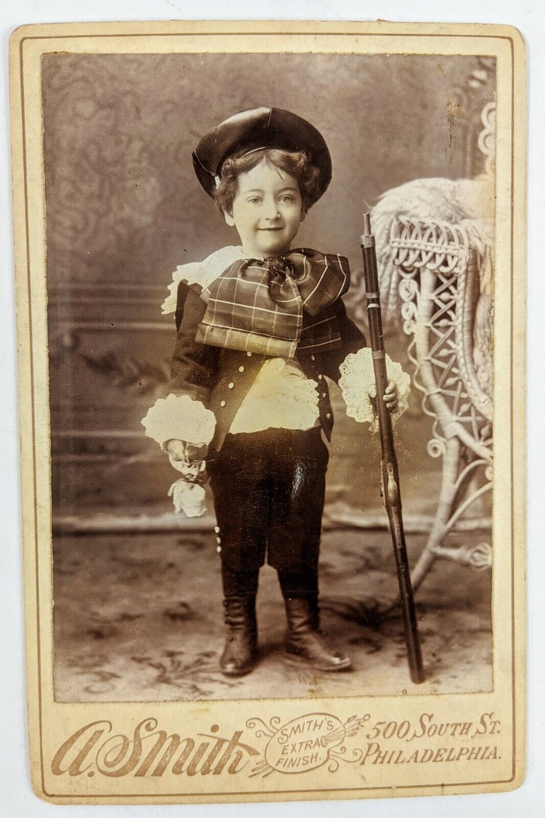 Cabinet Card Victorian Era Photo Boy Cild with Toy Gun Rifle Smith Philadelphia