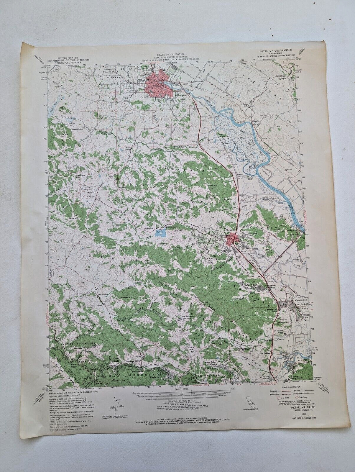 Vintage 1954 USGS Map, Petaluma, Ca Quadrangle