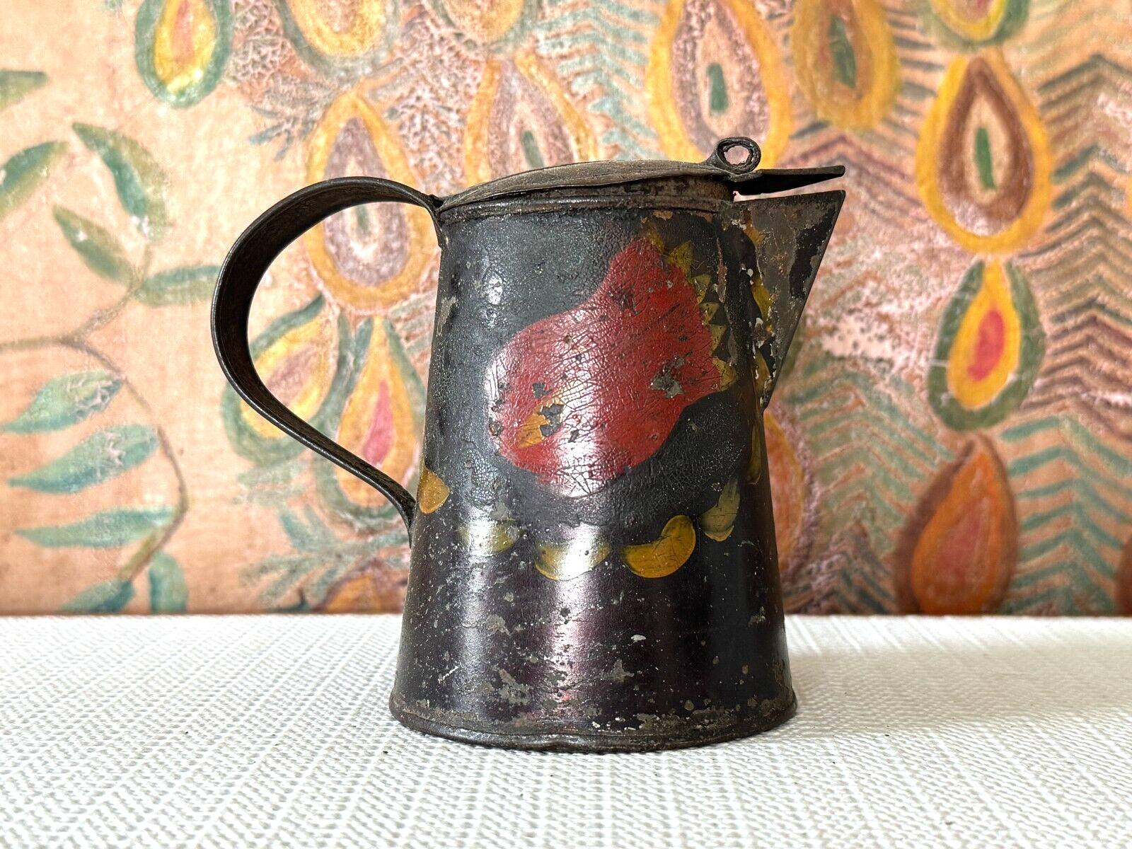 Antique Hand Painted Country Folk Art Tole Tinware Syrup Pitcher with Hinged Lid
