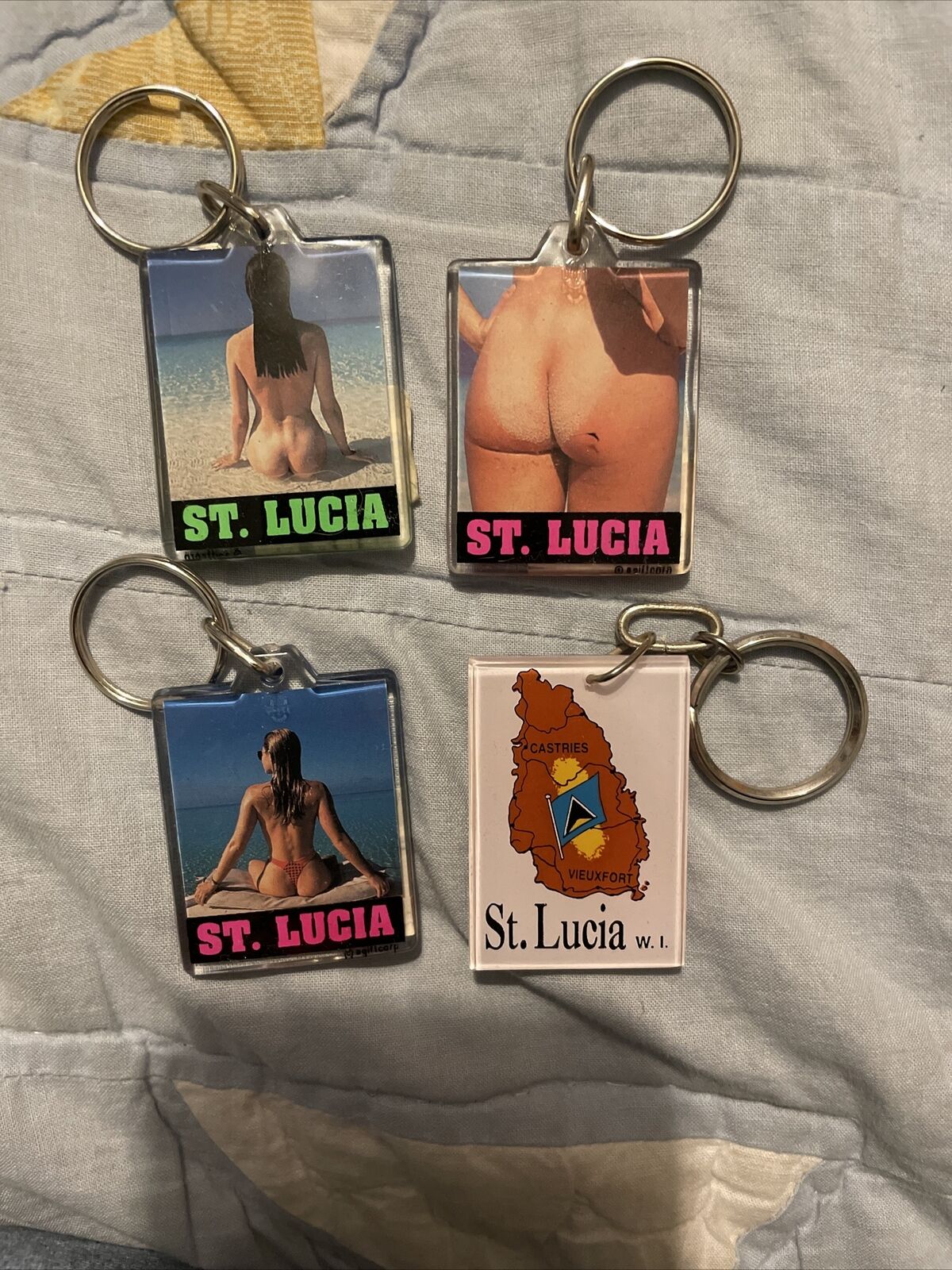 St. Lucia 4 key chains - Bare Bottoms And Island With Flag