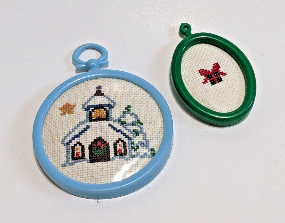 Two Vintage Miniature Framed Cross Stitch Christmas Ornaments, Snowy Church Gift