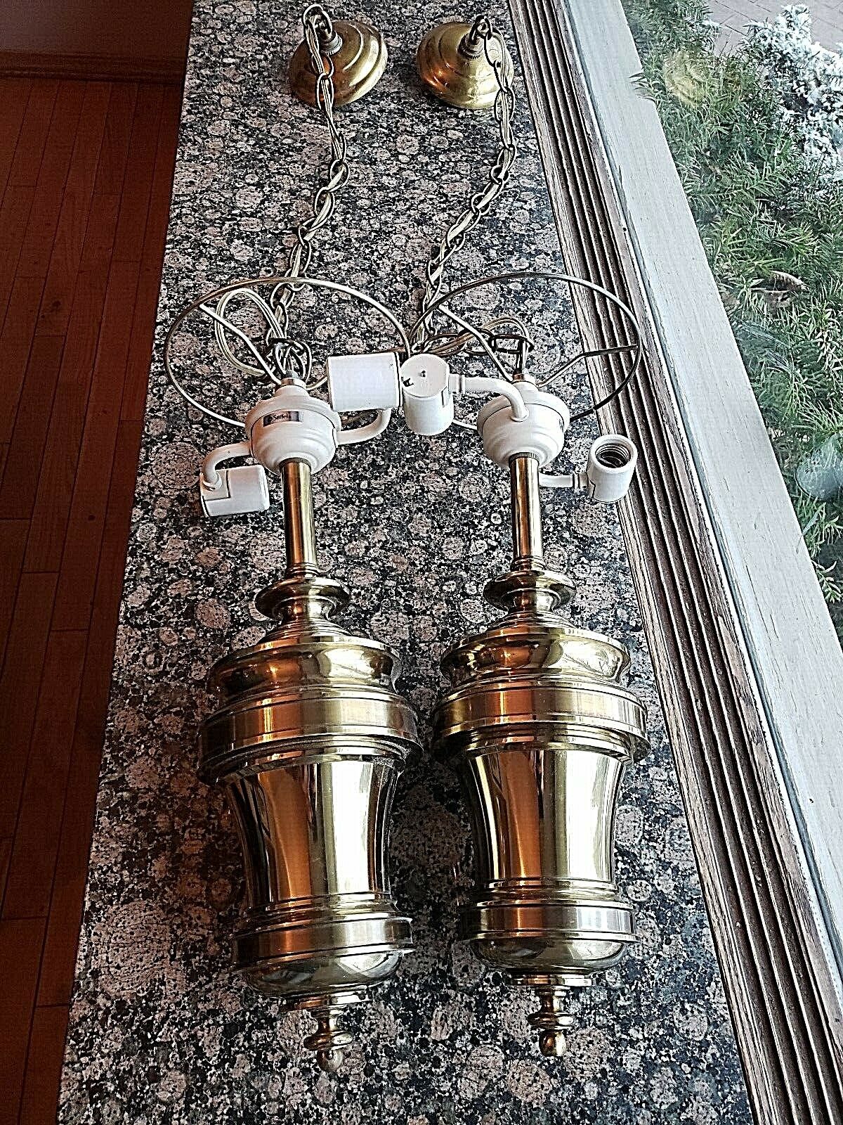 Pair (2) Vintage Hollywood Regency Brass Stiffel Hanging Ceiling Lamps