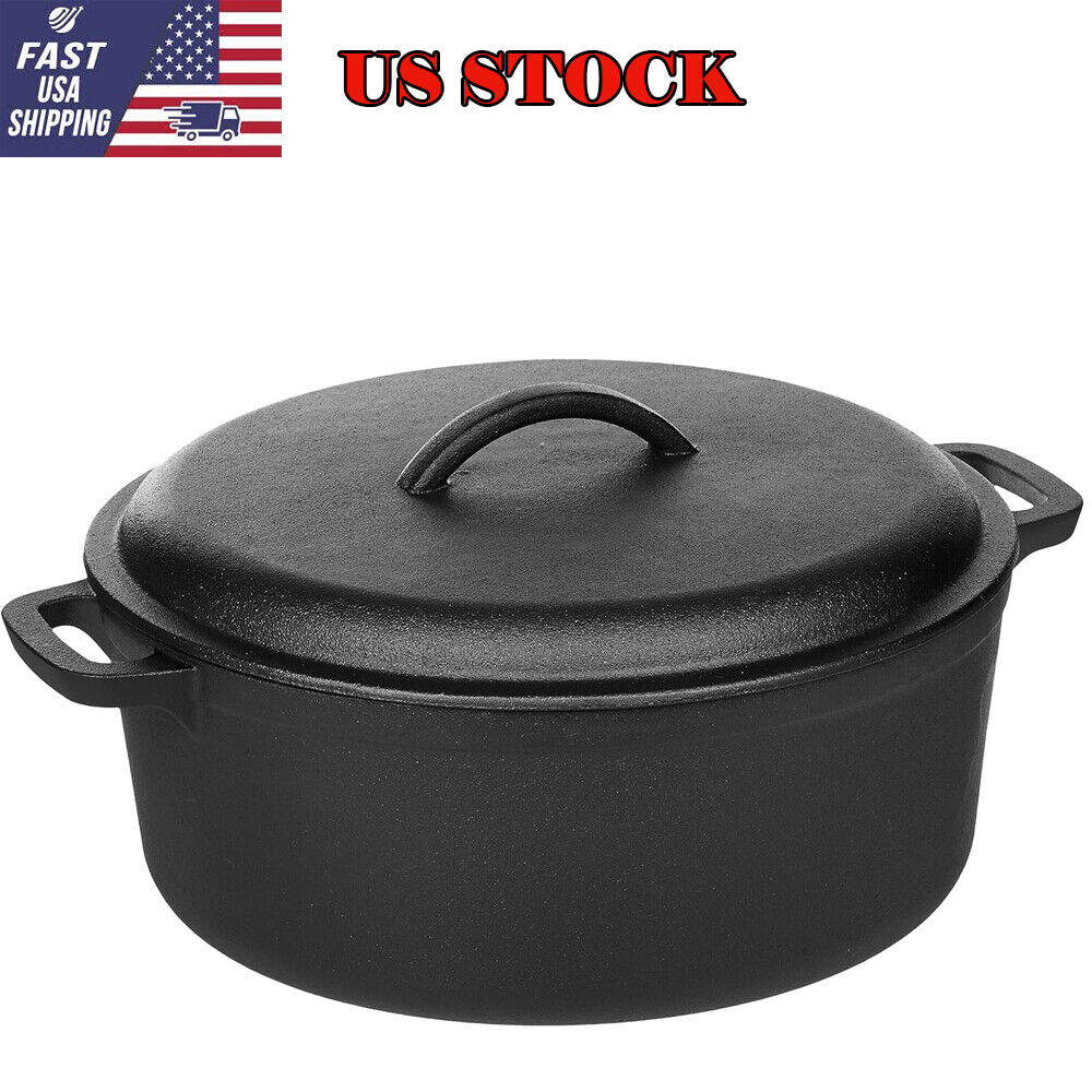 Pre-Seasoned Cast Iron Round Dutch Oven Pot with Lid and Dual Handles 7-Quart