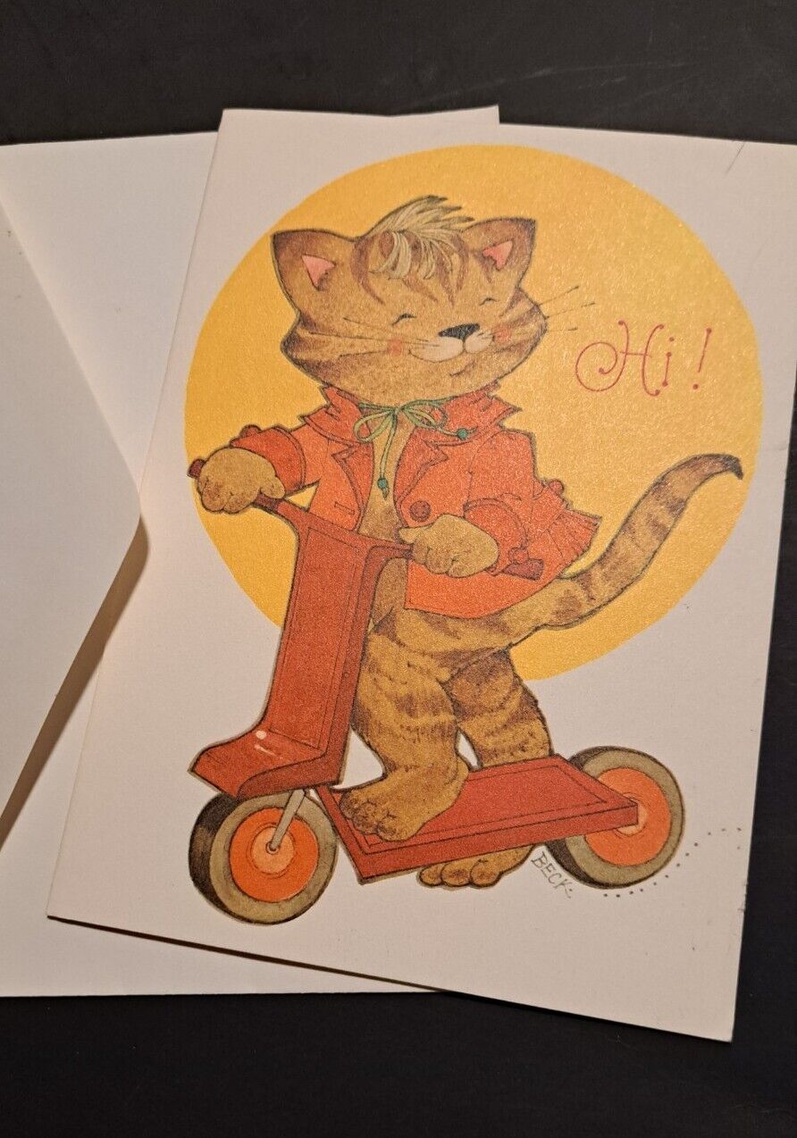 Vintage Unused 1980 Current Birthday Greeting Card Cat On Scooter