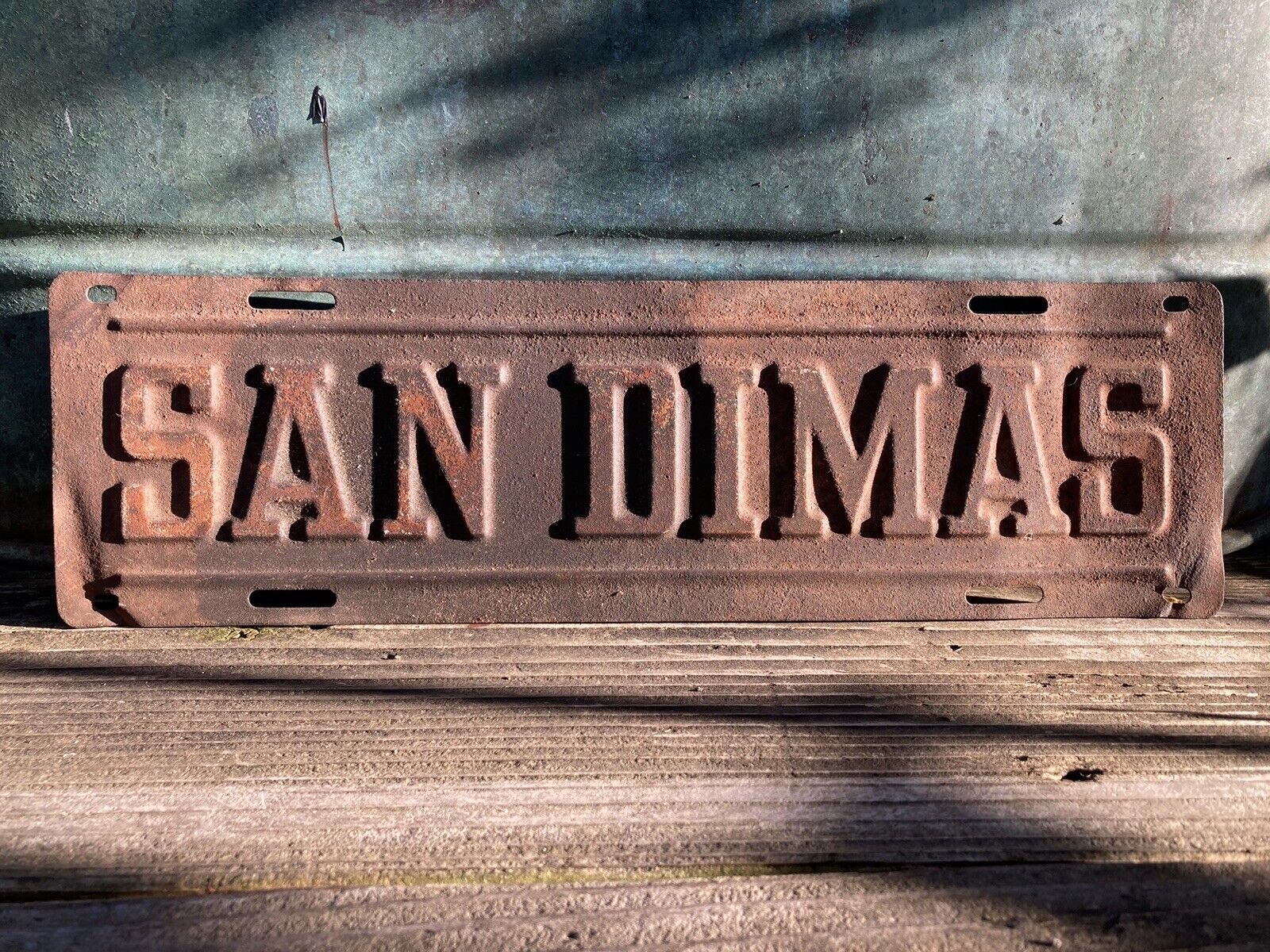 1920’s Embossed Tin San Dimas California Sign Patina Antique