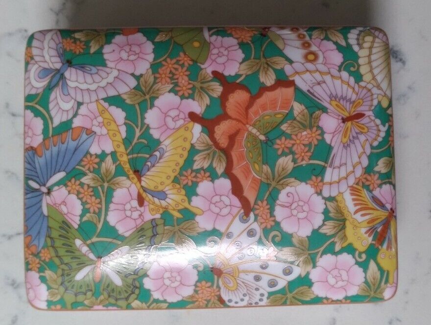 Vtg. Double NIEMAN MARCUS Cards & Ceramic Covered Box Colorful Butterfies