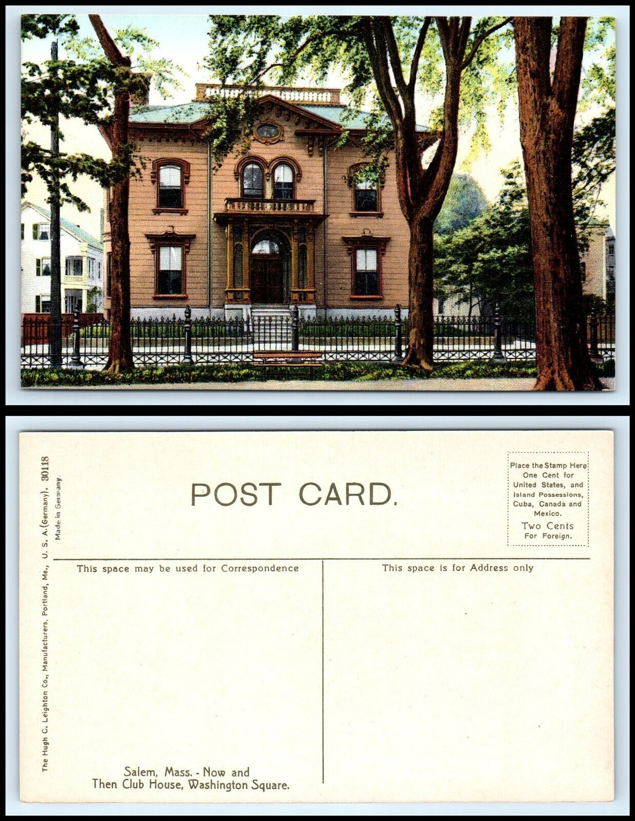 MASSACHUSETTS Postcard - Salem, Now & Then Club House, Washington Square K3